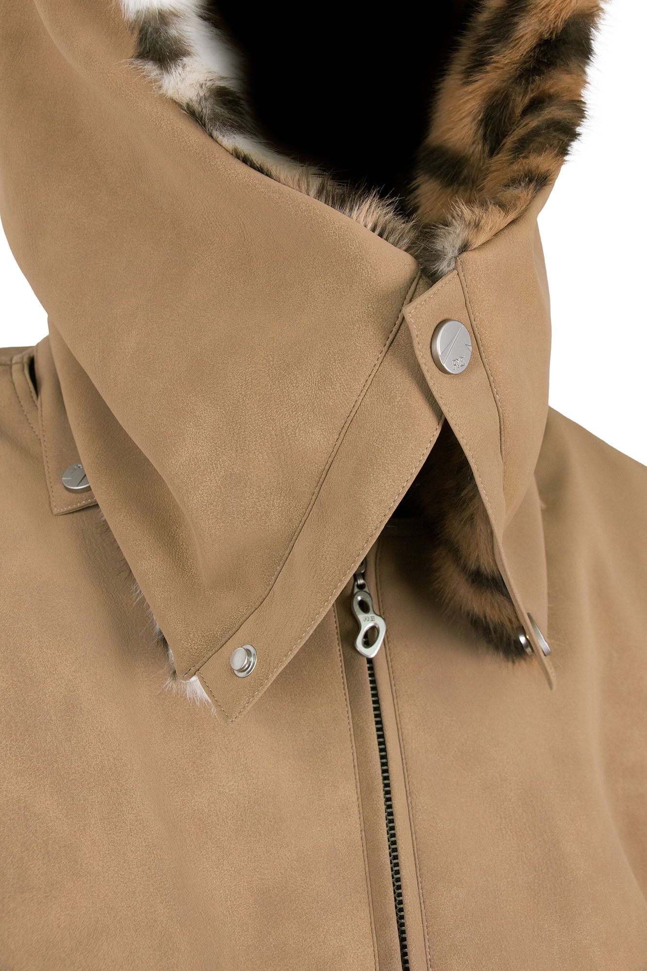 RELABEL Detachable Plush Scarf Hooded Suede Jacket Brown, premium urban and streetwear designers apparel on PROJECTISR.com, RELABEL