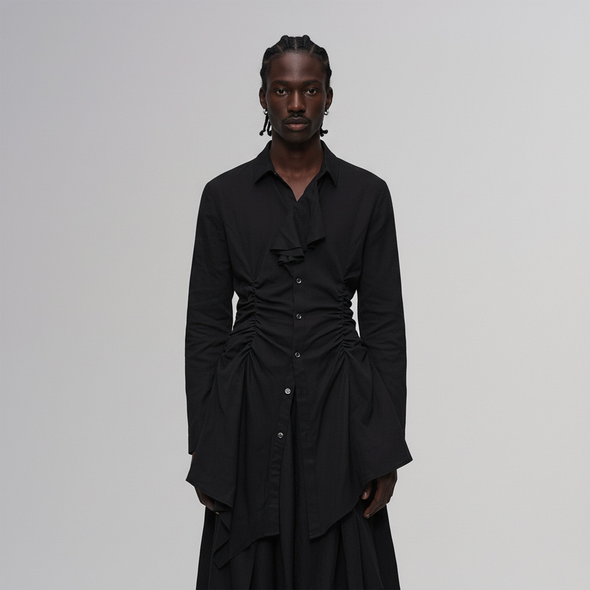 ILNya Nieternite Nifutur Asymmetric Ruched Waist Ruffle-Neck Long Shirt Black