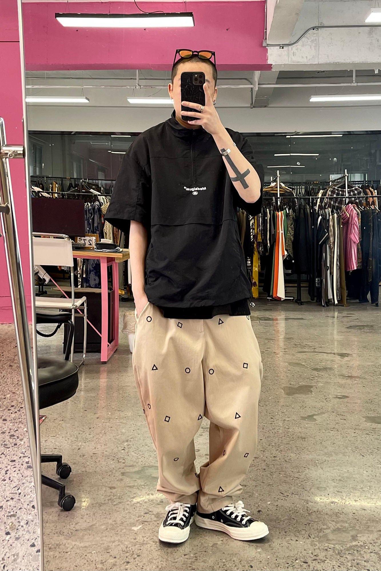 ME DA IGUAL Geometric Embroidered Oversized Tapered Pants, premium urban and streetwear designers apparel on PROJECTISR.com, ME DA IGUAL