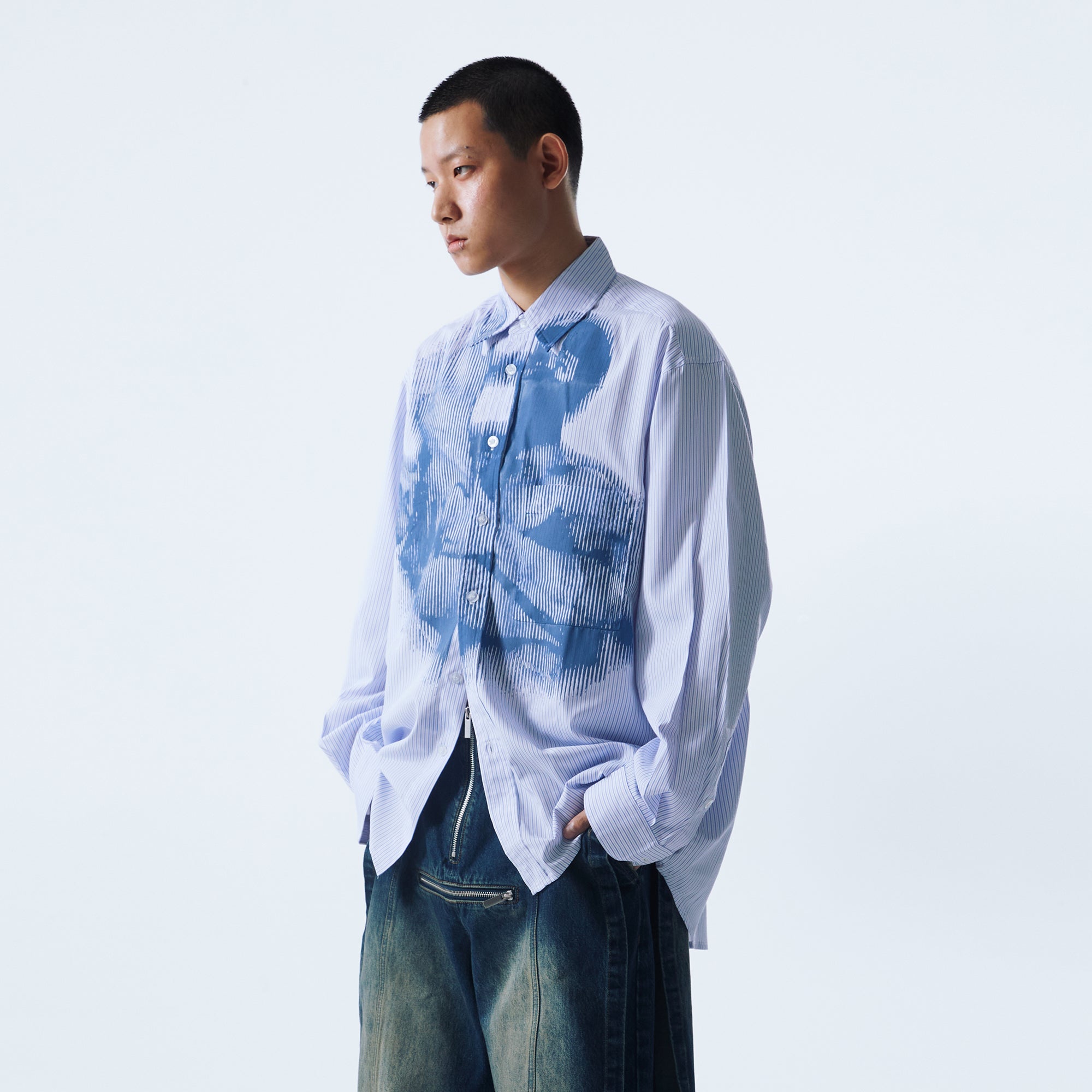 INTERRUPT Graphic Crinkled Striped Oversized Shirt
