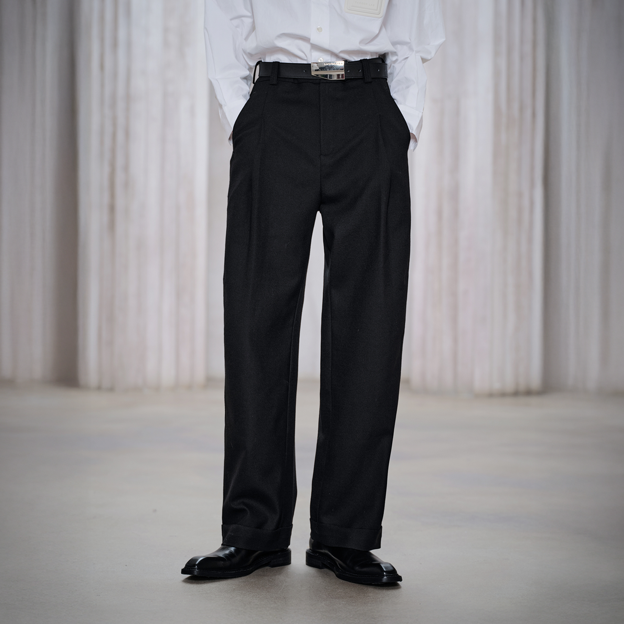 FACEONLAB Classic Wool Pleated Tailored Trousers Black