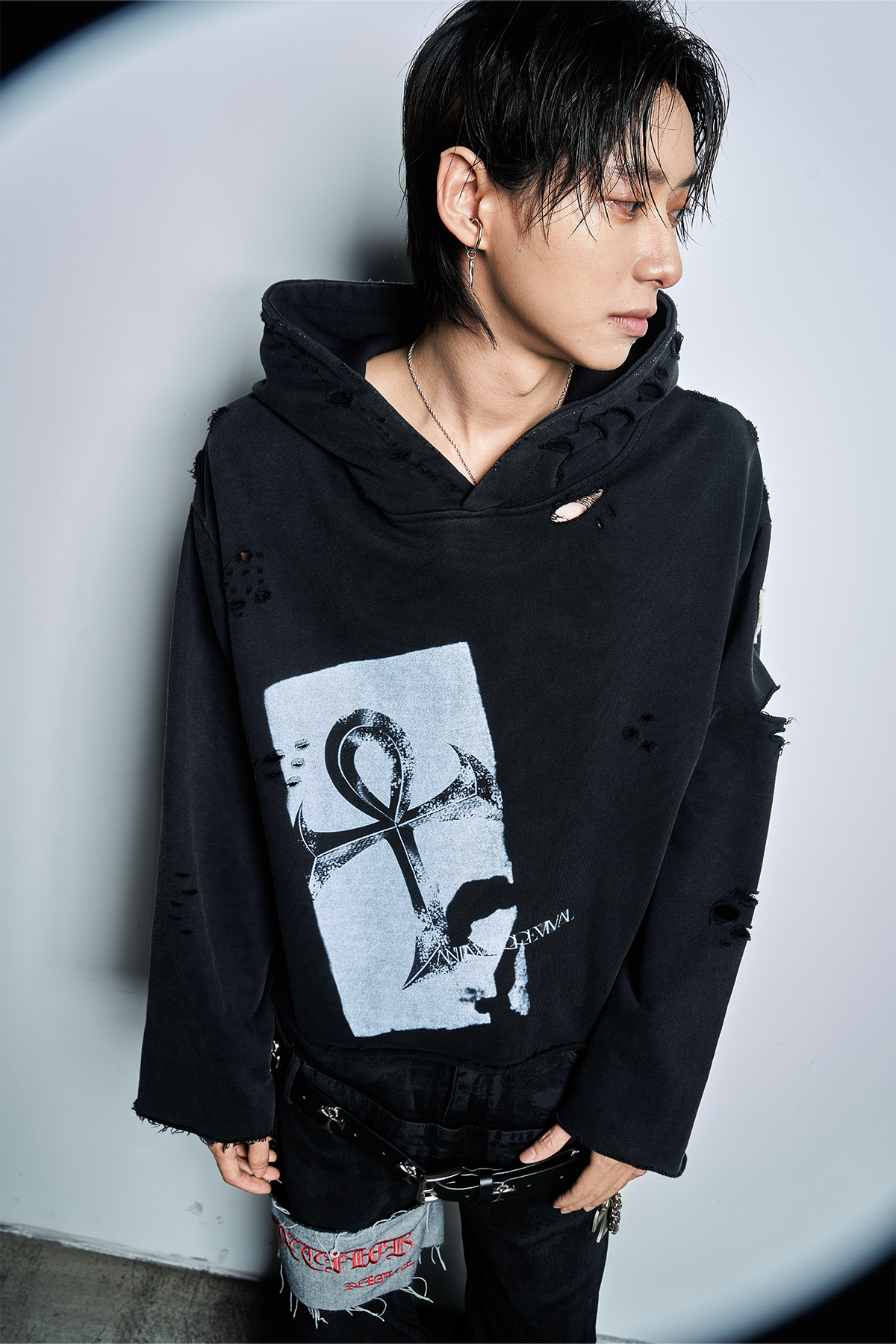 ANTI WAR REVIVAL Distressed Frayed Raw-Edge Oversized Hoodie