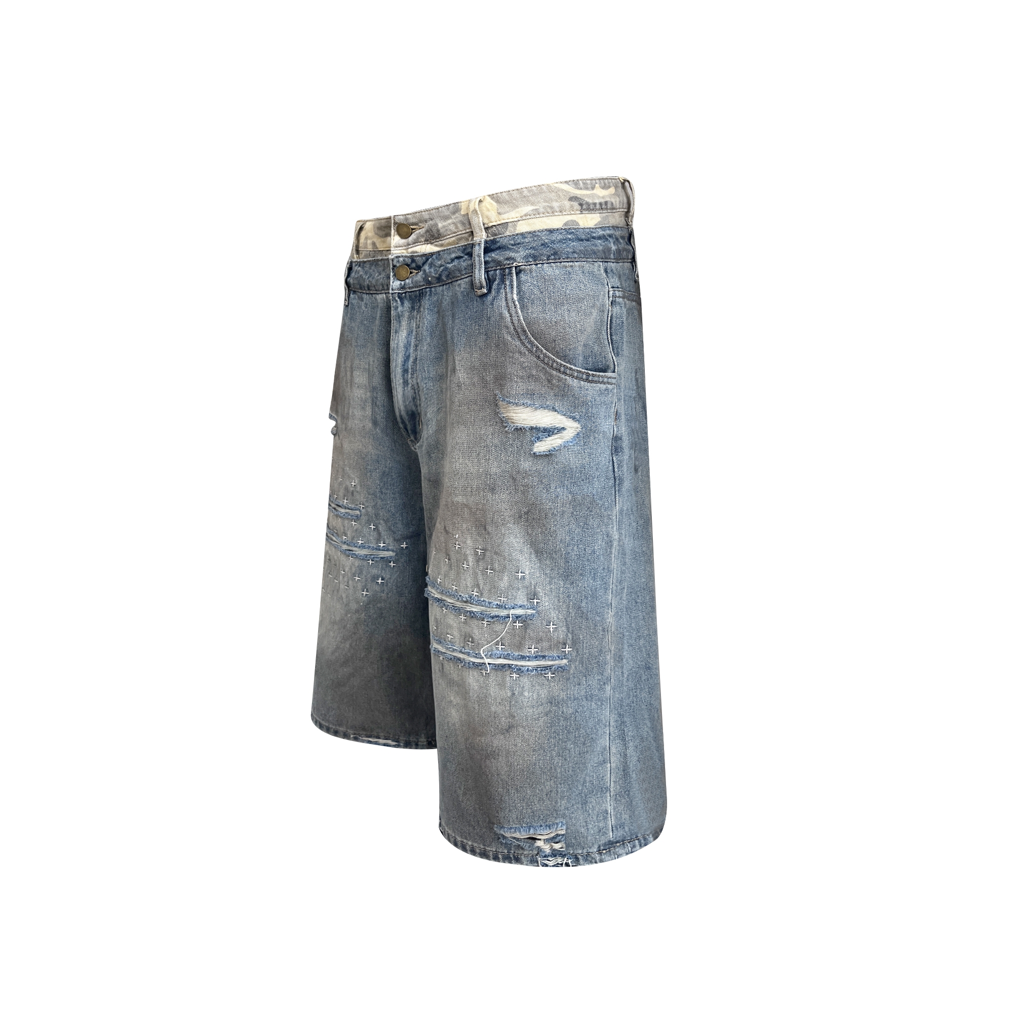 TH4SWE Double-Waist Cross Embroidered Distressed Shorts
