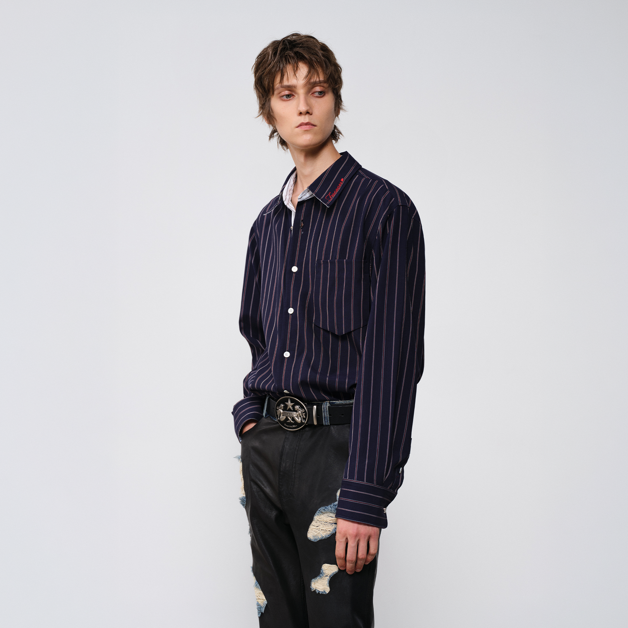 FACEONLAB Striped Spliced Embroidered Wide-Collar Shirt