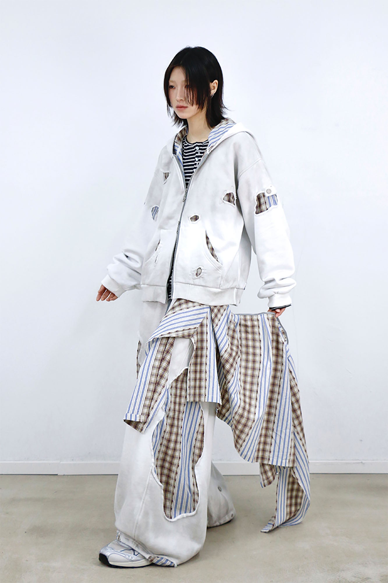 RELABEL Distressed Detachable Plaid Drape Sweatpants, premium urban and streetwear designers apparel on PROJECTISR.com, RELABEL