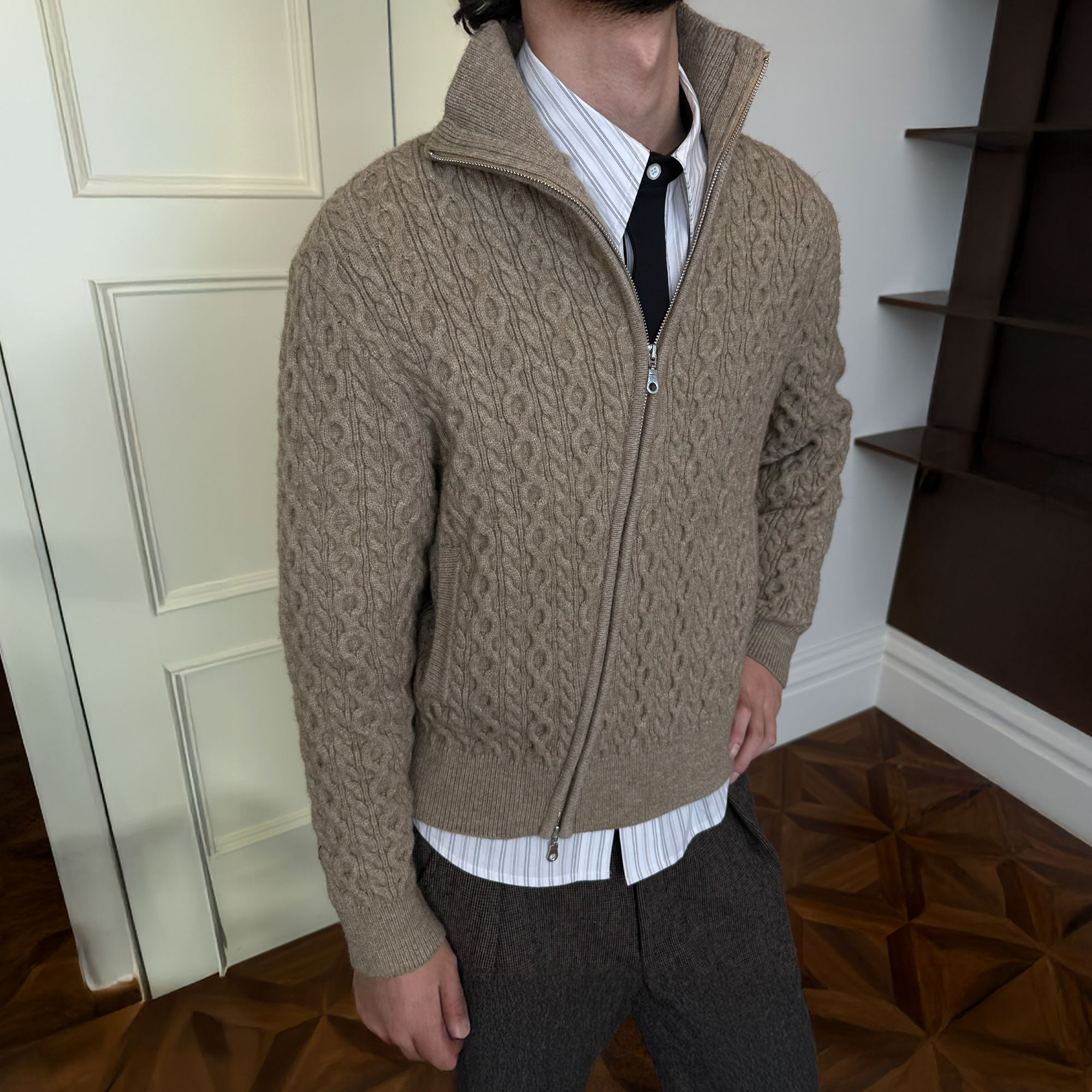 KREATE Asymmetrical Zip Cable-Knit Sweater