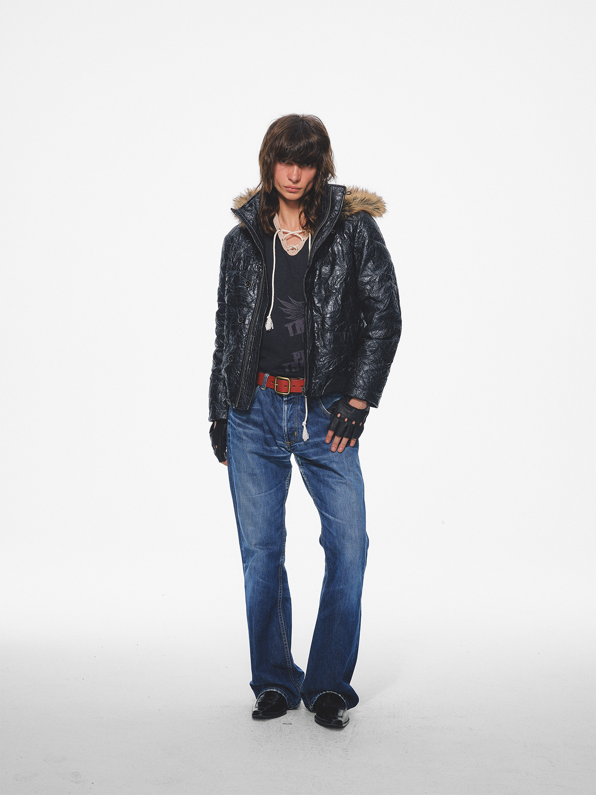 TRECLUB Crinkled Faux Leather Fur-Collar Hooded Jacket, premium urban and streetwear designers apparel on PROJECTISR.com, TRECLUB