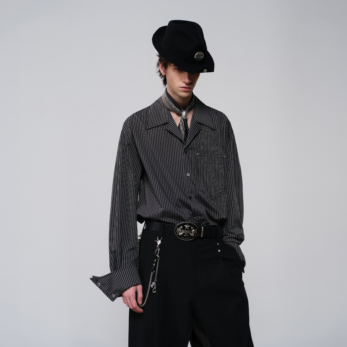 FACEONLAB Striped Cuban Collar Long-Sleeve Shirt