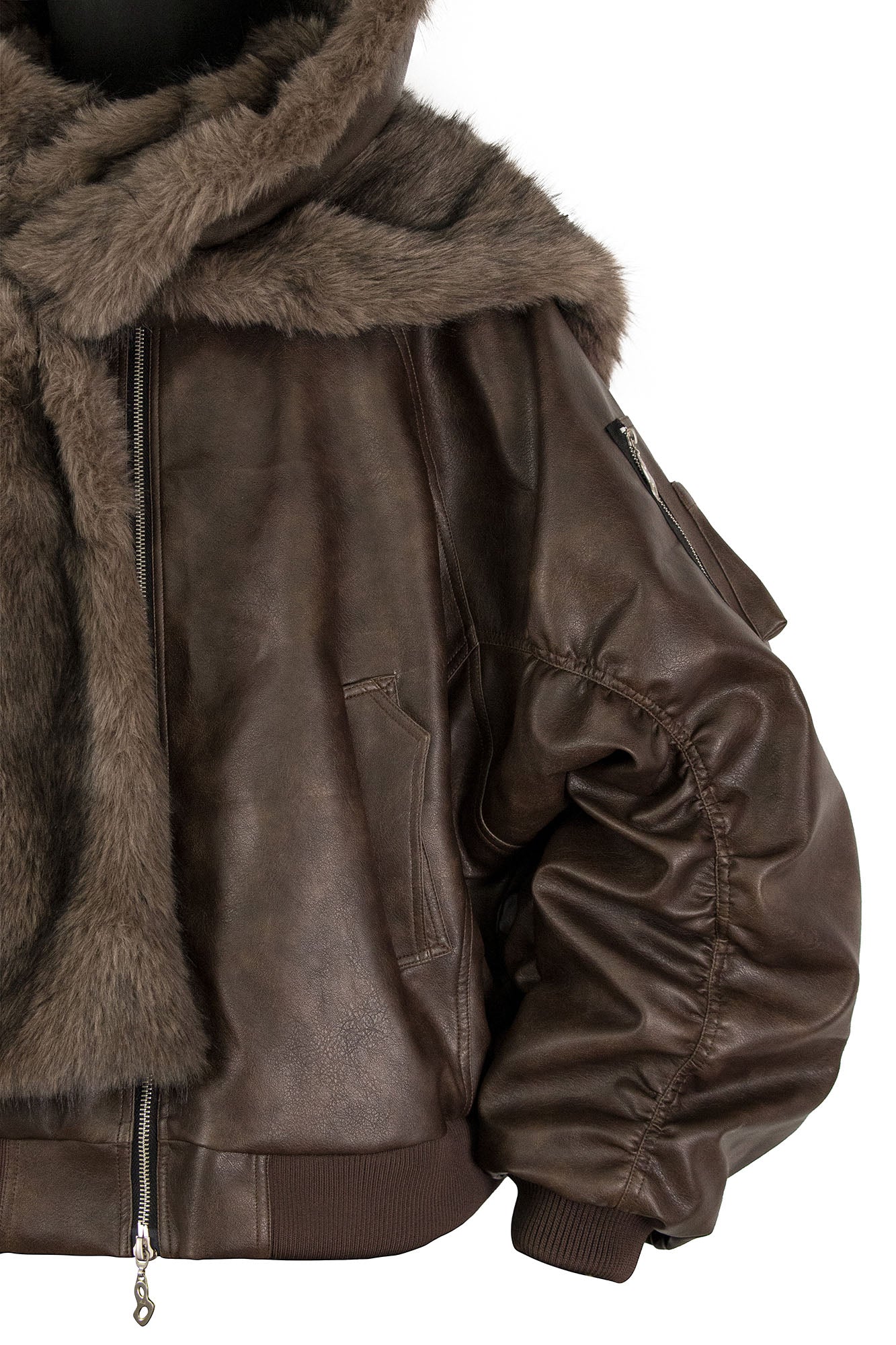 RELABEL Detachable Plush Scarf Ruched Hooded Jacket Brown, premium urban and streetwear designers apparel on PROJECTISR.com, RELABEL