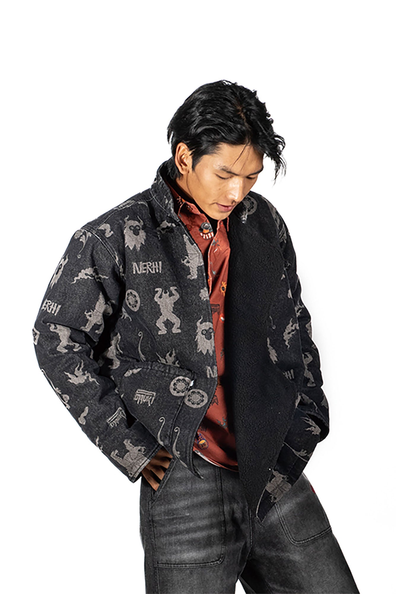 NERHI Tribal Totem Fleece Denim Jacket