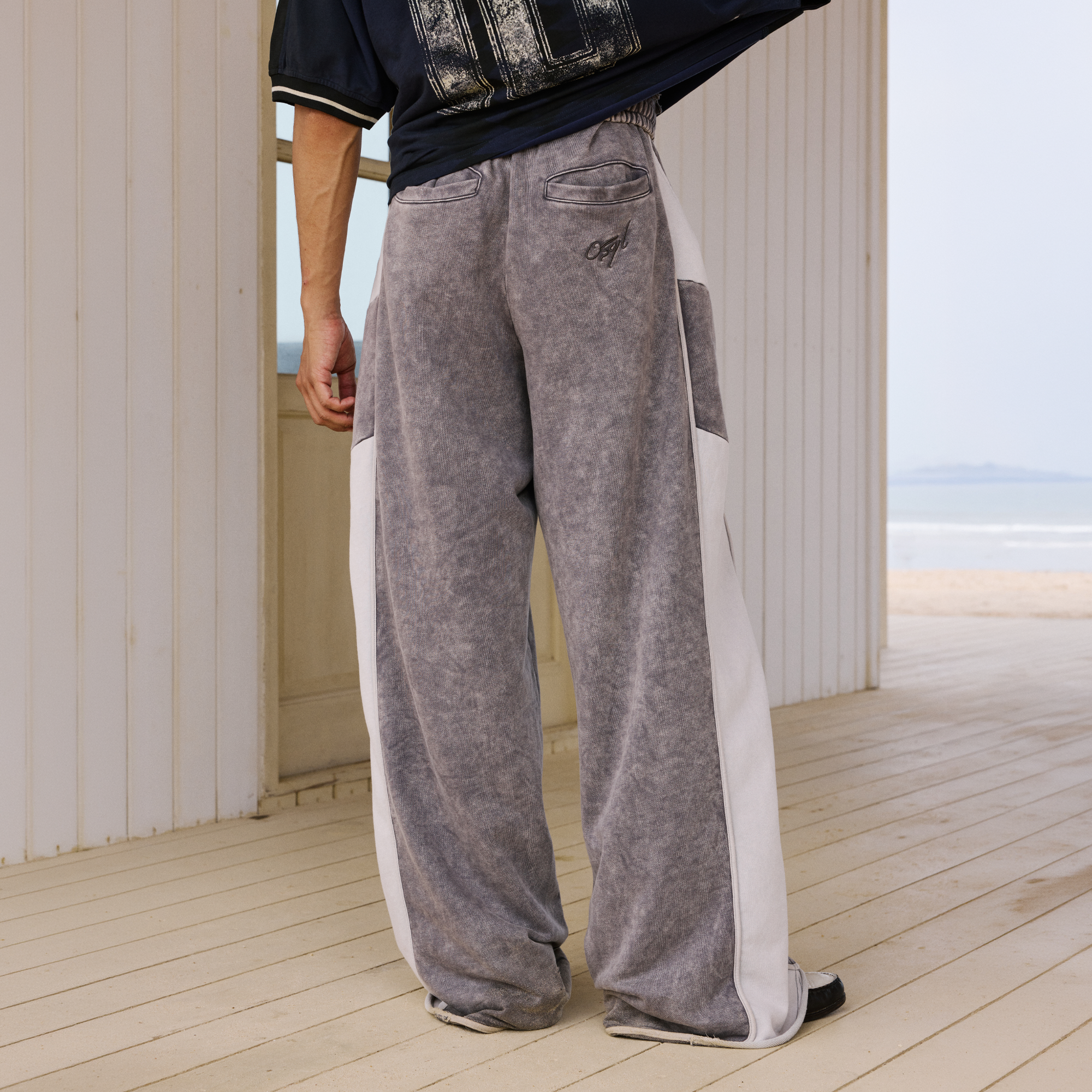IN EXISTENCE Retro Contrast Embroidered Distressed Sweatpants