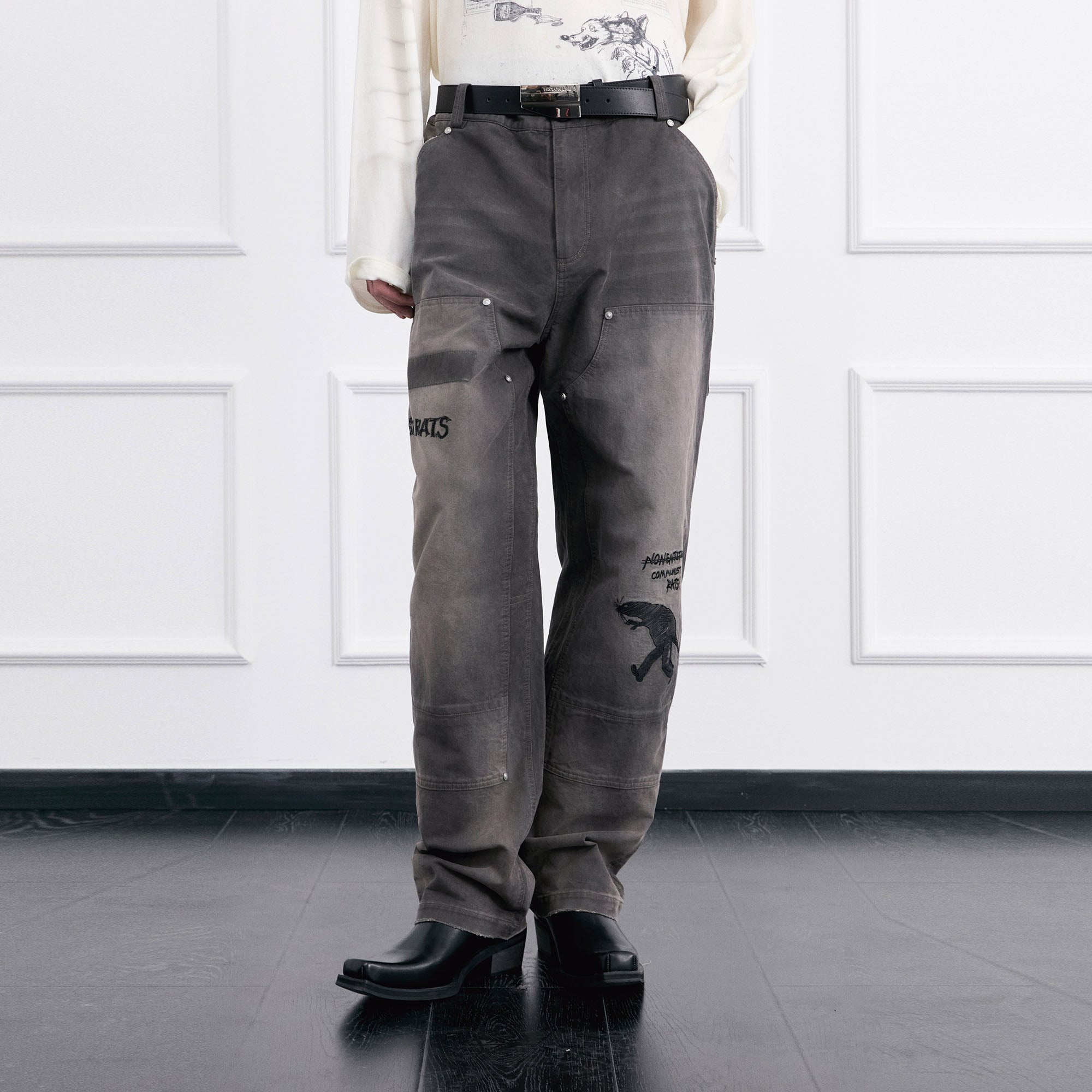 FACEONLAB Distressed Washed Double-Knee Pants