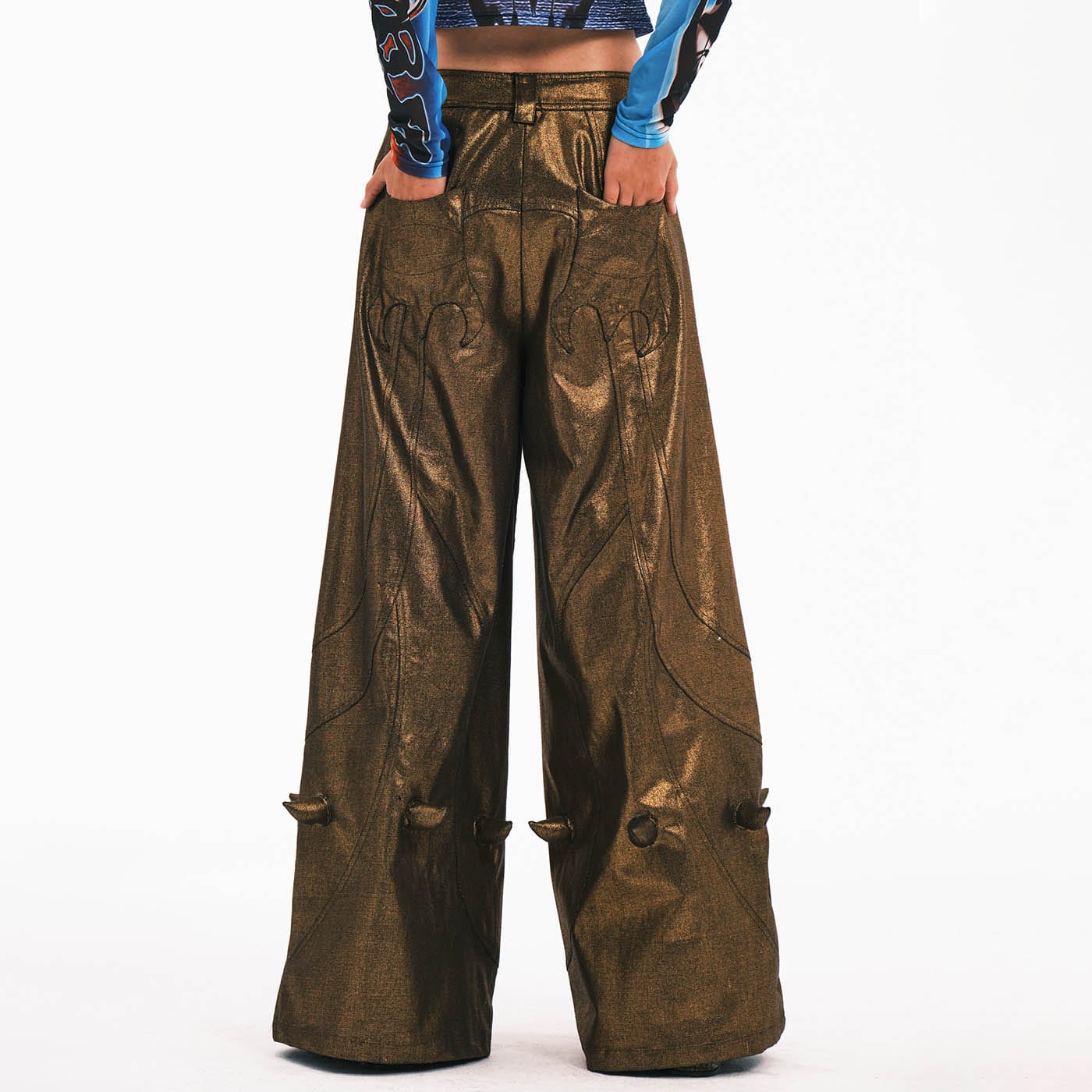 EMBRYO Metallic Devil Horned Wide-Leg Pants, premium urban and streetwear designers apparel on PROJECTISR.com, EMBRYO