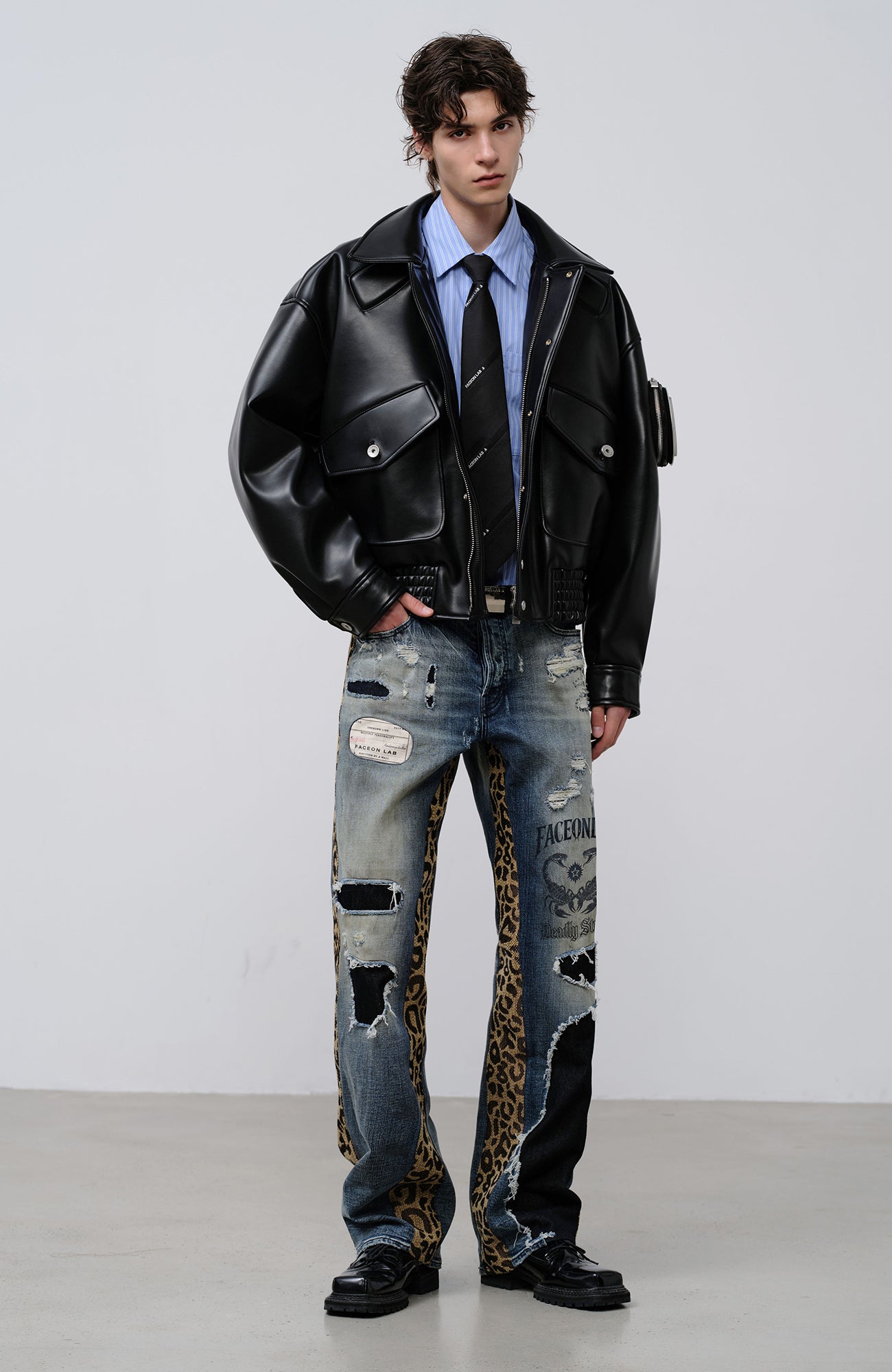 FACEONLAB Leopard Panel Distressed Straight-Leg Jeans
