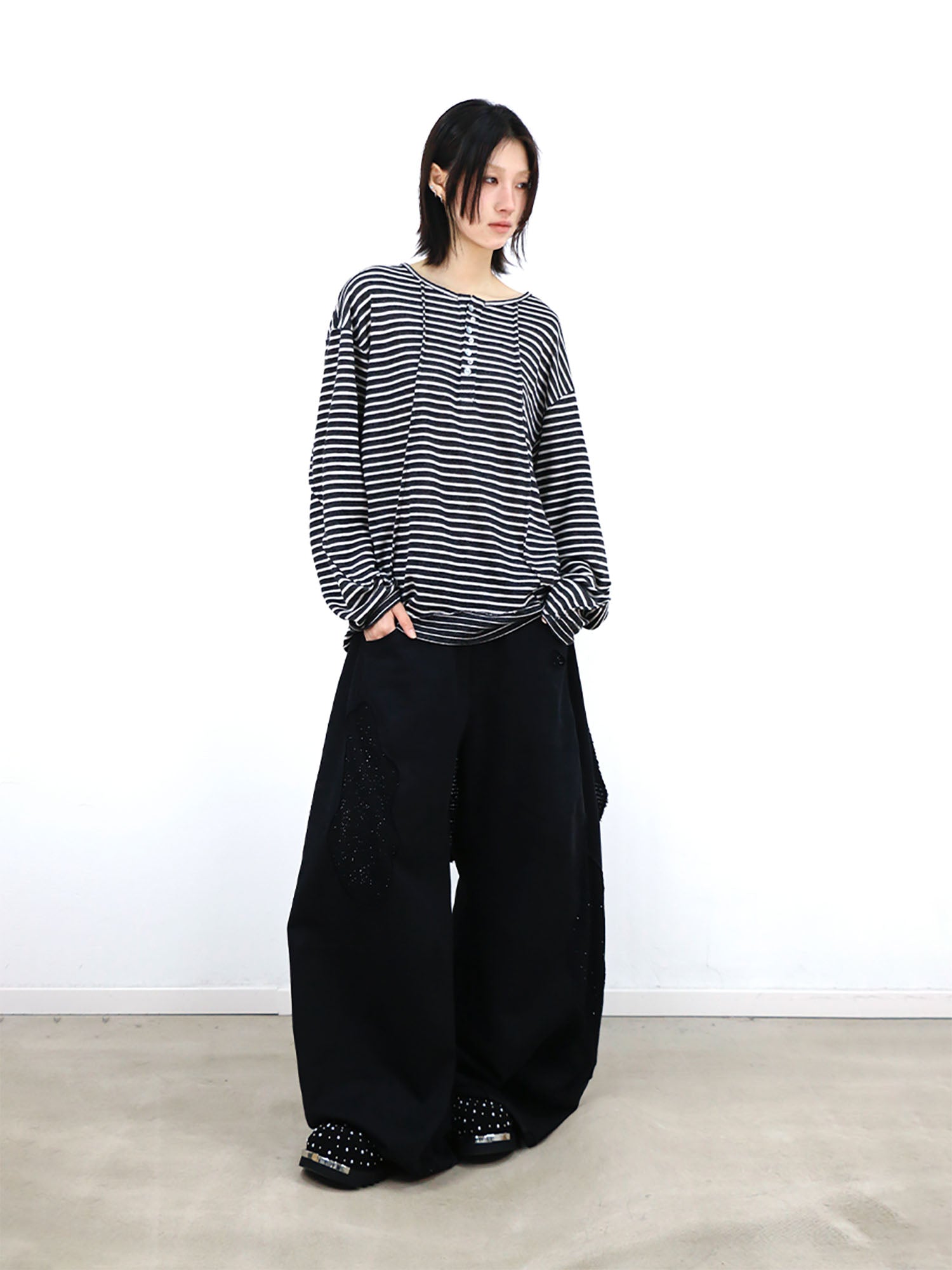 RELABEL Striped Pleated Henley Long-Sleeve Tee, premium urban and streetwear designers apparel on PROJECTISR.com, RELABEL