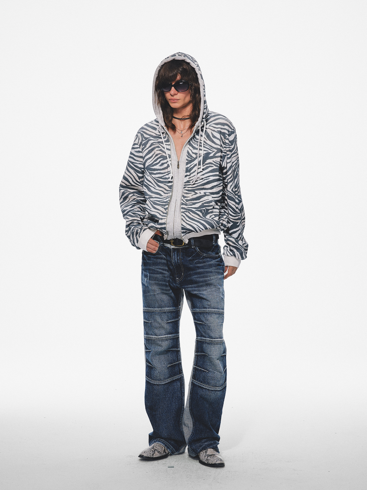 TRECLUB Retro Zebra-Print Zip-Up Hoodie
