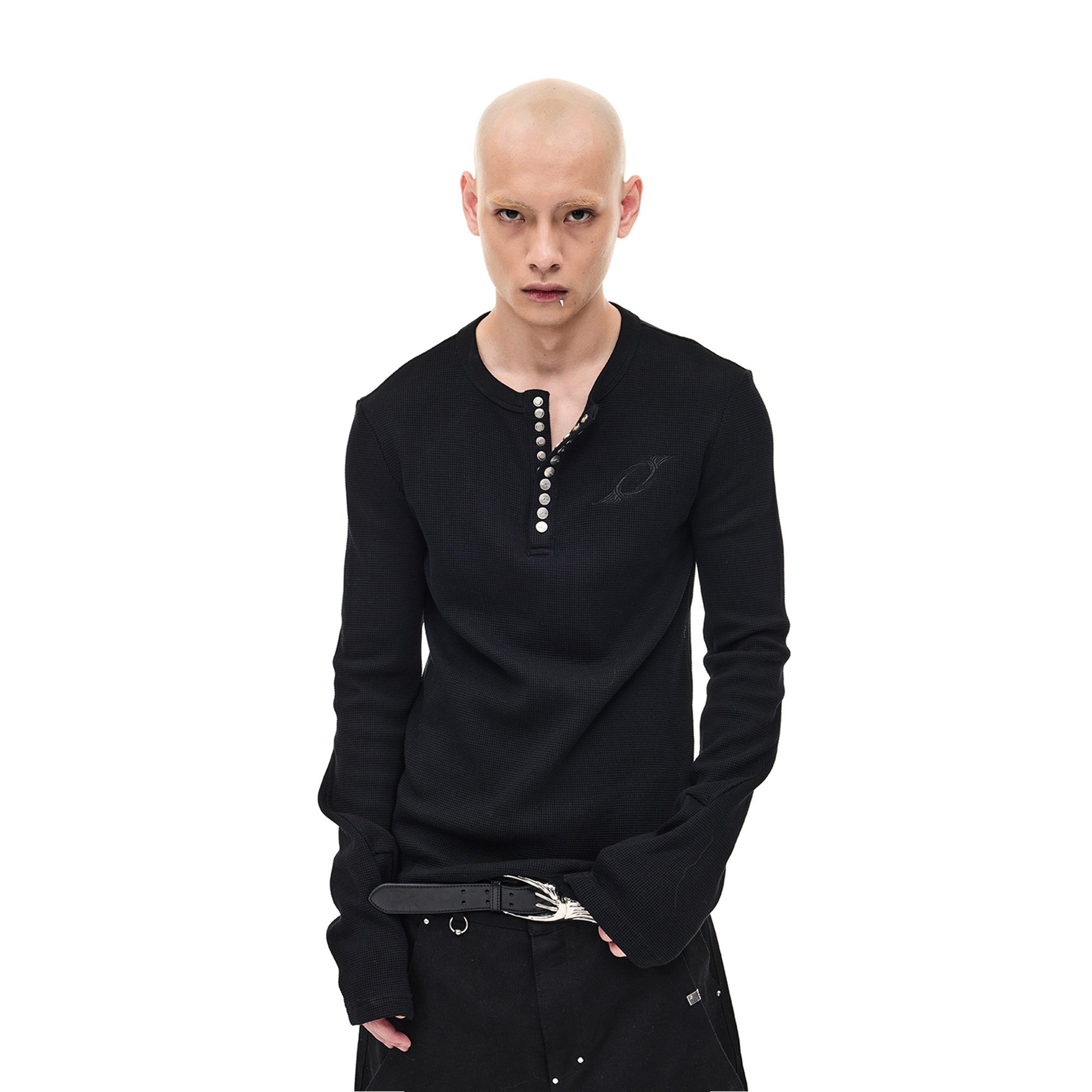 WHISTLEHUNTER Waffle-Knit Snap Henley Long-Sleeve Tee, premium urban and streetwear designers apparel on PROJECTISR.com, WHISTLEHUNTER