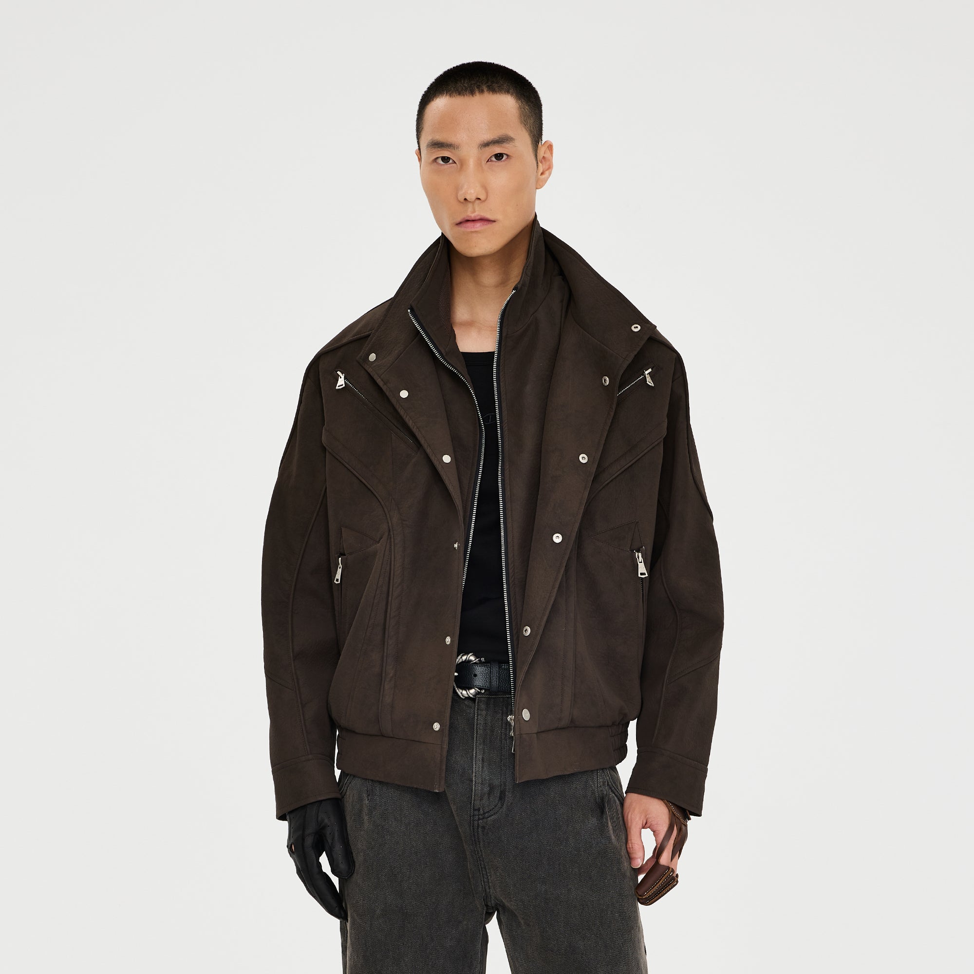 CATSSTAC Layered Placket Structured Paneled PU Jacket