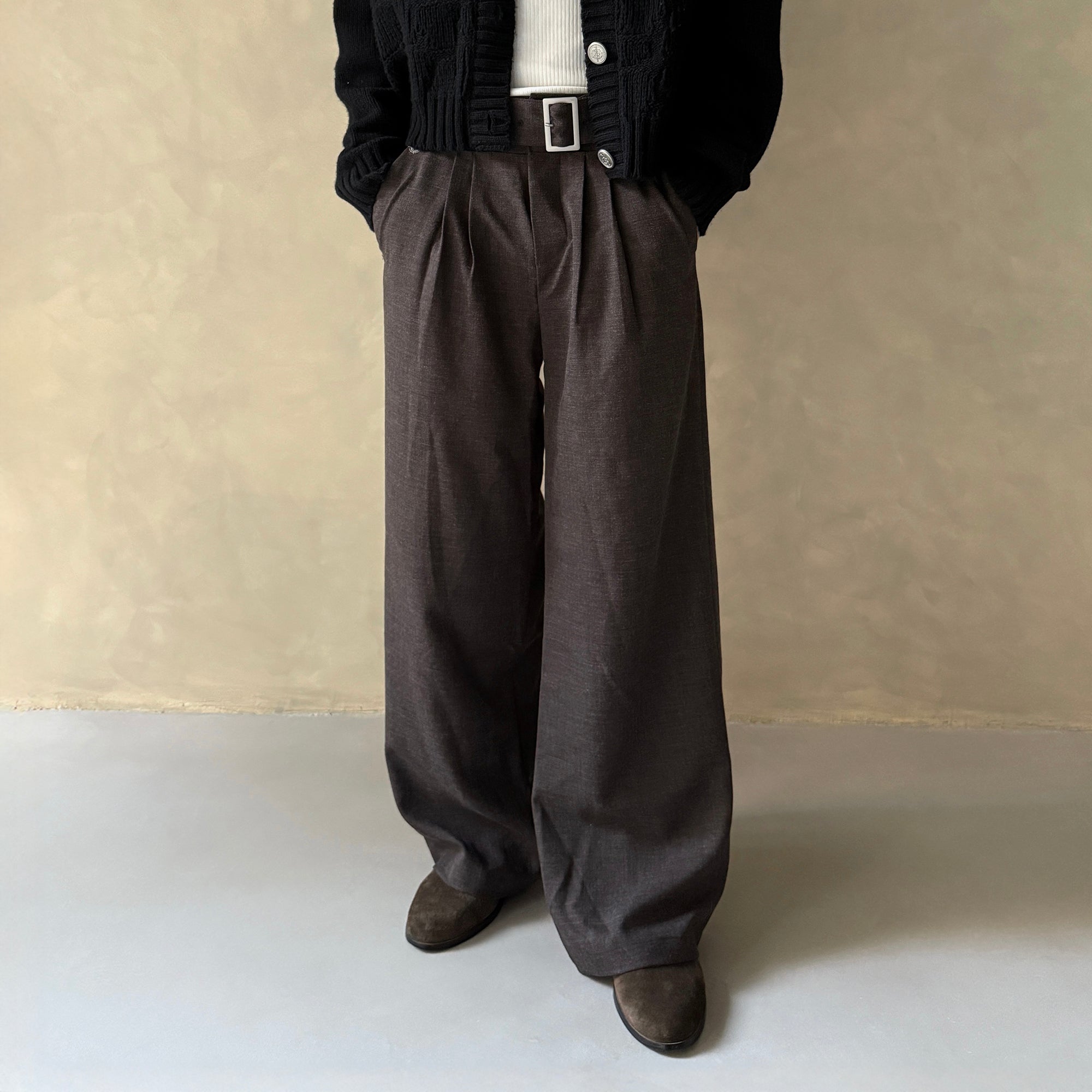 IN EXISTENCE Pleated Belted Wide-Leg Trousers