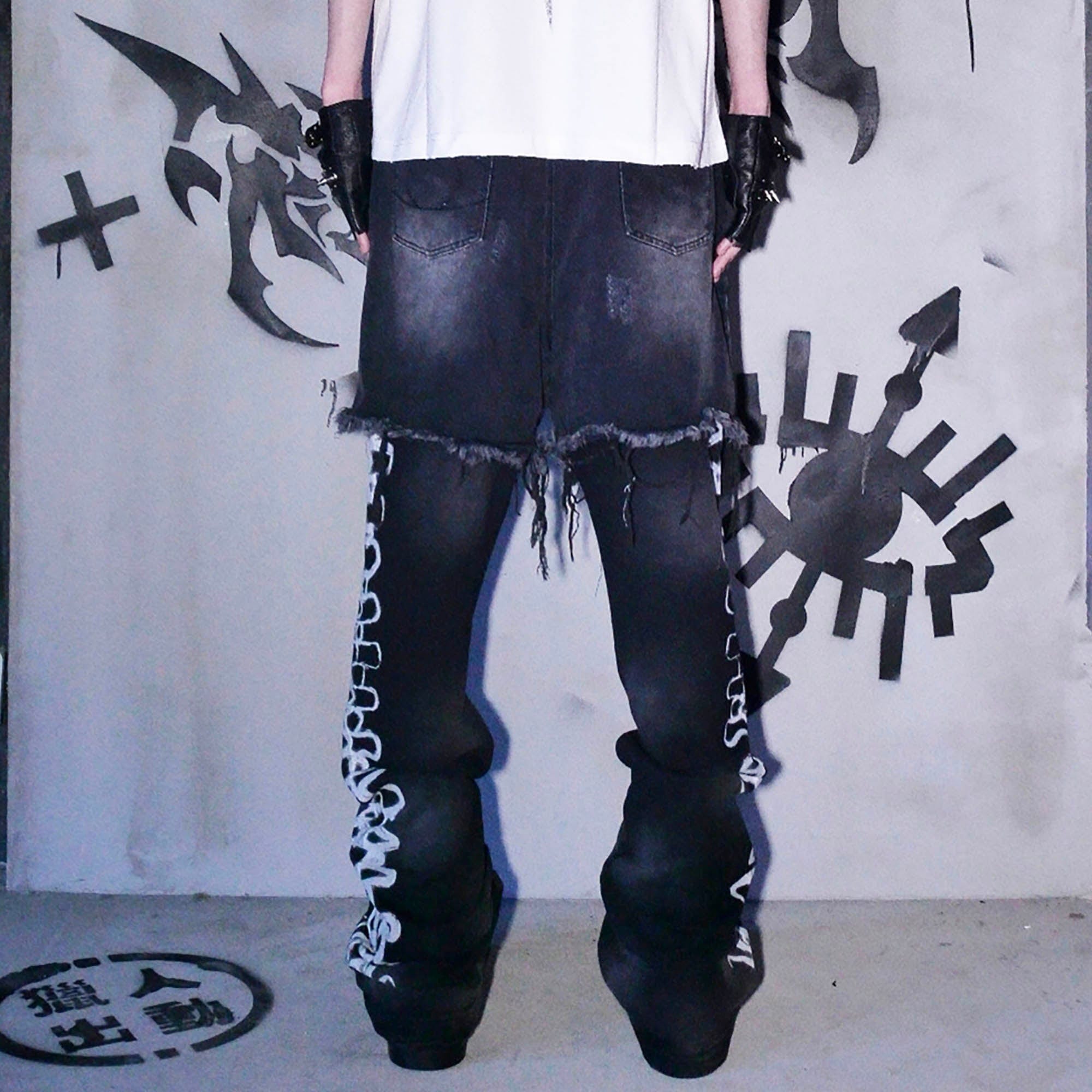 PHANTOMHUNTER Layered Ripped Spray-Painted Flared Jeans