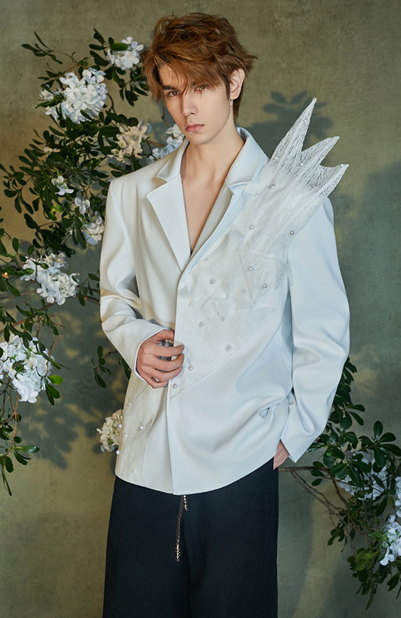 JIECHI Pearl-Embellished Sheer Feather Blazer