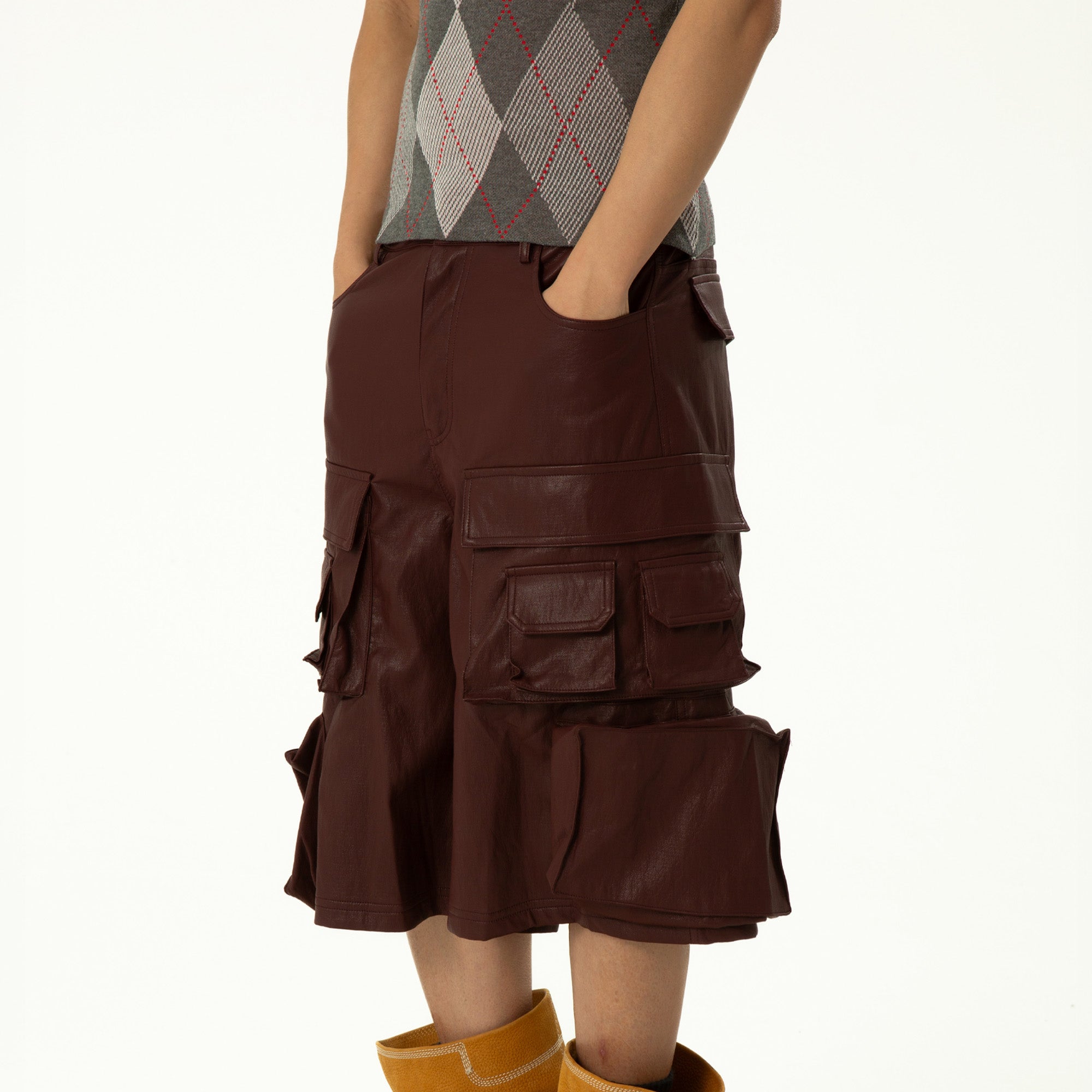CLP Punk Faux Leather Multi-Pocket Cargo Shorts, premium urban and streetwear designers apparel on PROJECTISR.com, CLP