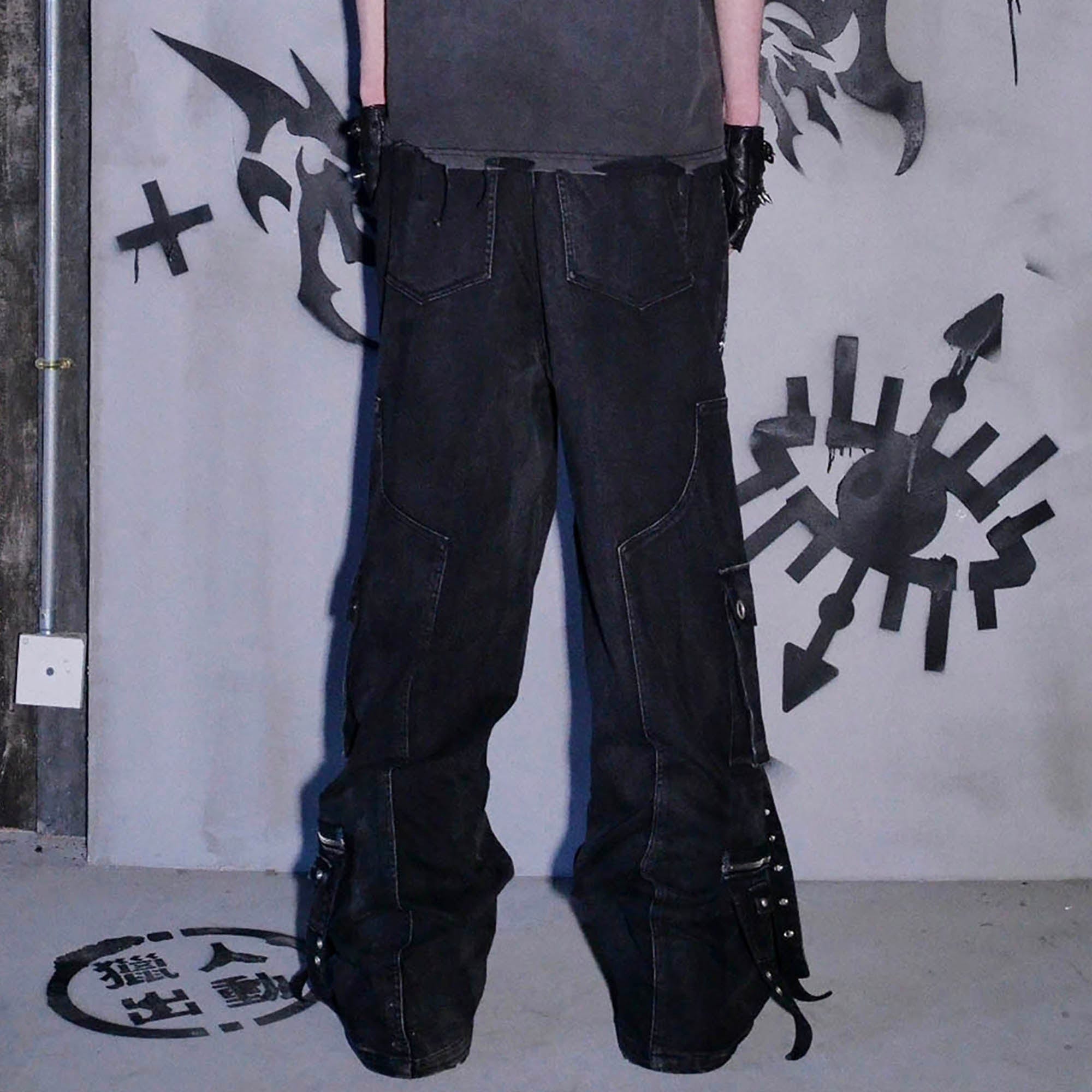 PHANTOMHUNTER Distressed Strap Paneled Wide-Leg Denim Cargo, premium urban and streetwear designers apparel on PROJECTISR.com, PHANTOMHUNTER