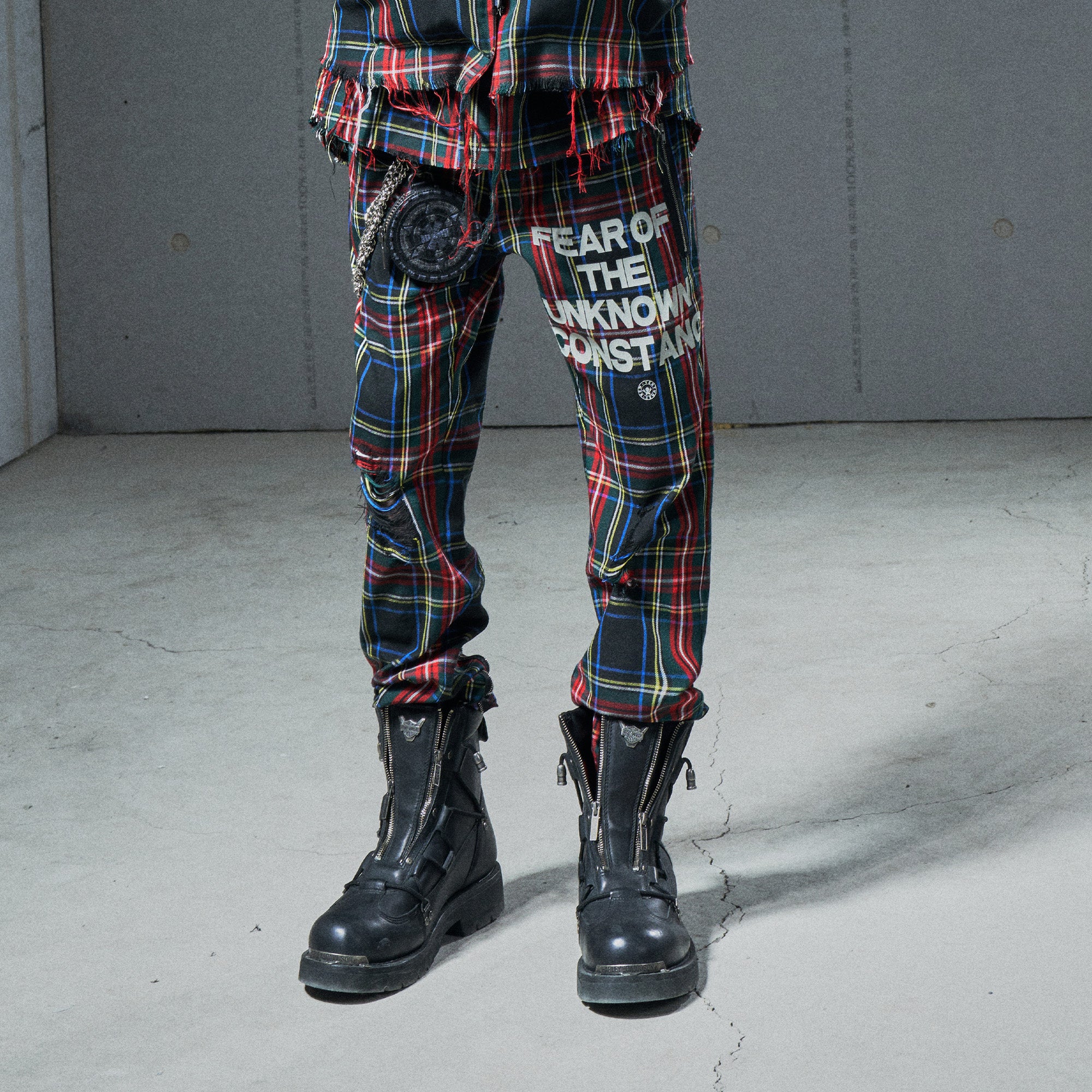 VENTUREK Distressed Zippered-Hem Slogan Slim Plaid Pants, premium urban and streetwear designers apparel on PROJECTISR.com, VENTUREK