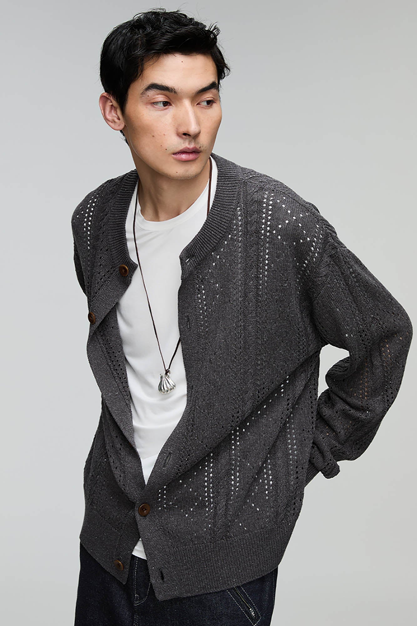 OPICLOTH Eyelet Knit Button-Up Cardigan