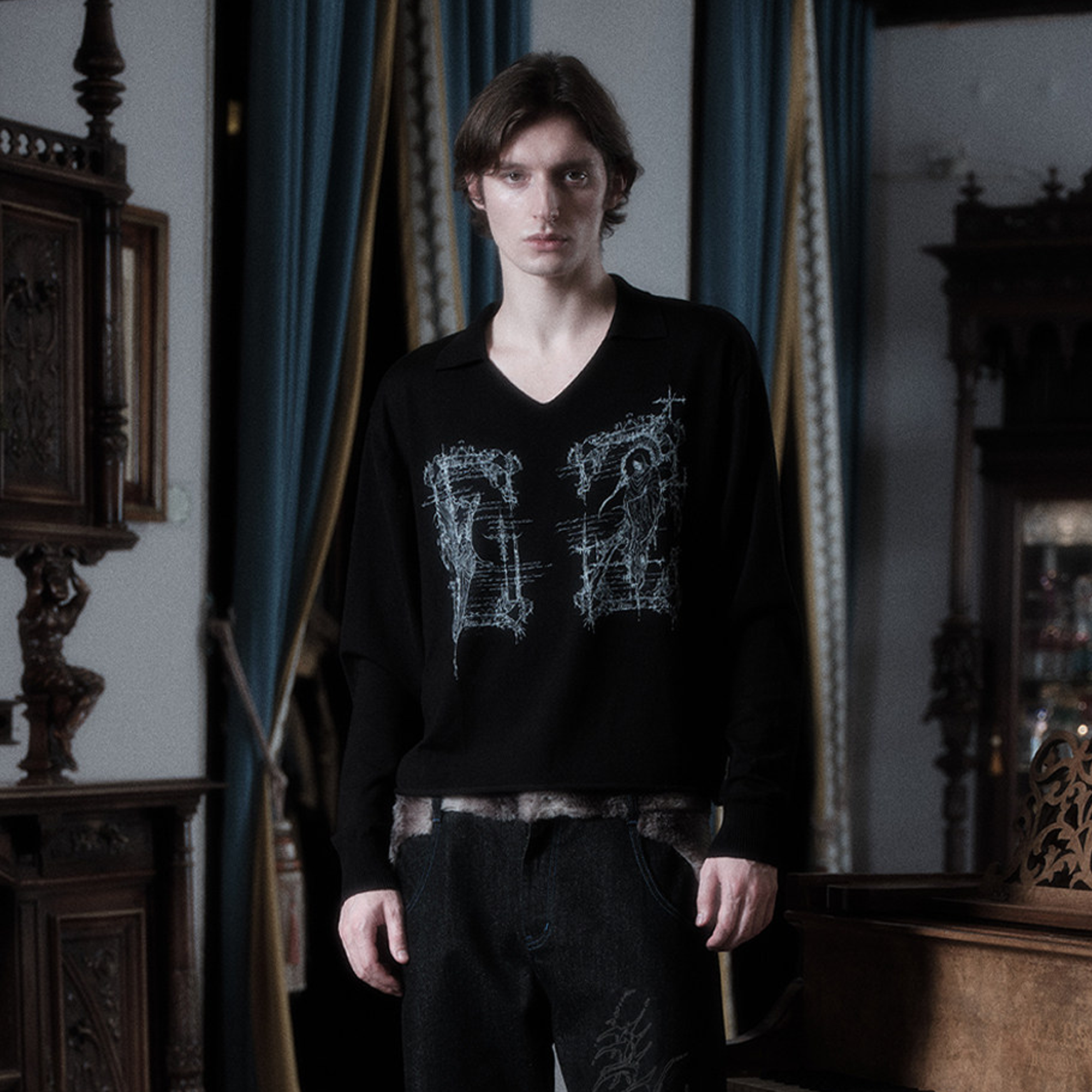 WANNA LAB Rune Graphic Long-Sleeve Polo Tee