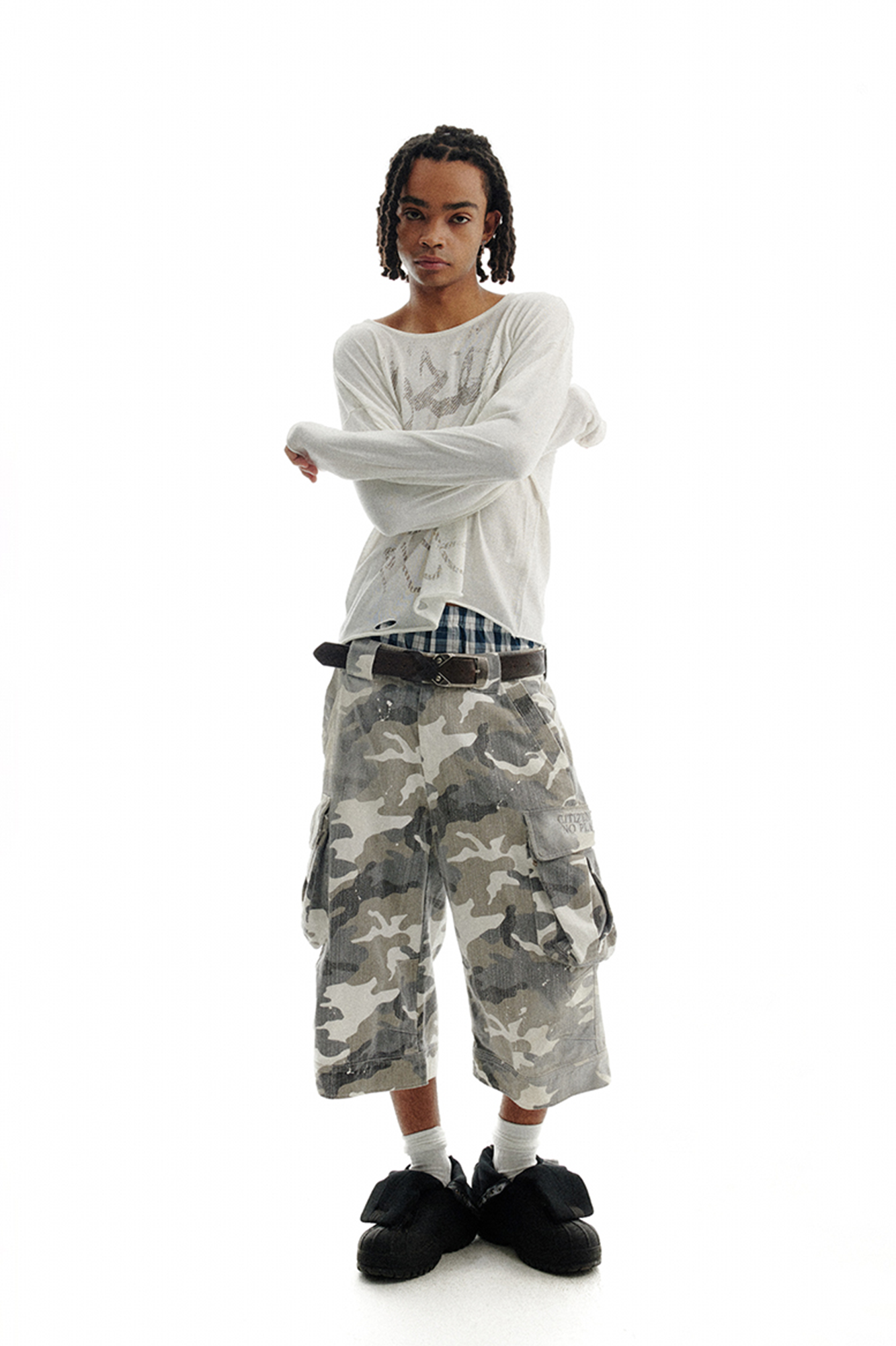 CONPCONP Distressed Spray-Dye Camo Shorts