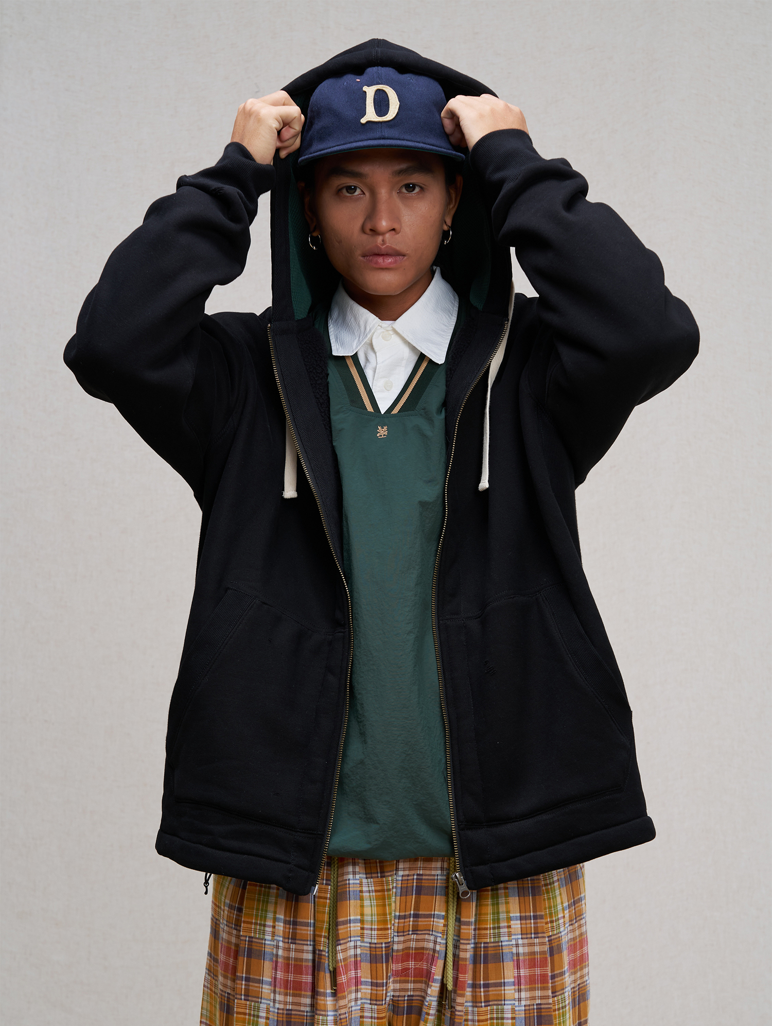 UNLIMITED MOTE Embroidered Waffle Lining Drawstring Hood Jacket