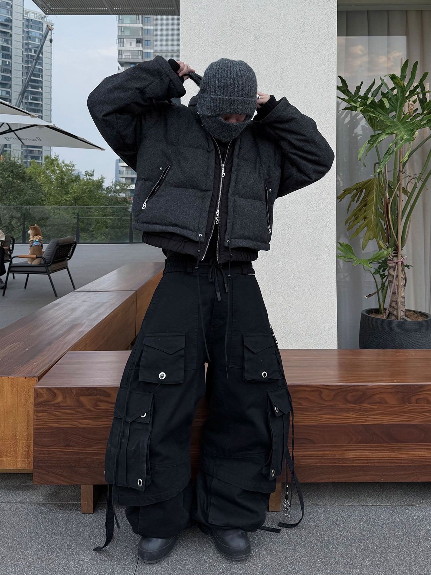 RELABEL Layered Detachable Hood Wool-Blend Puffer Jacket Gray