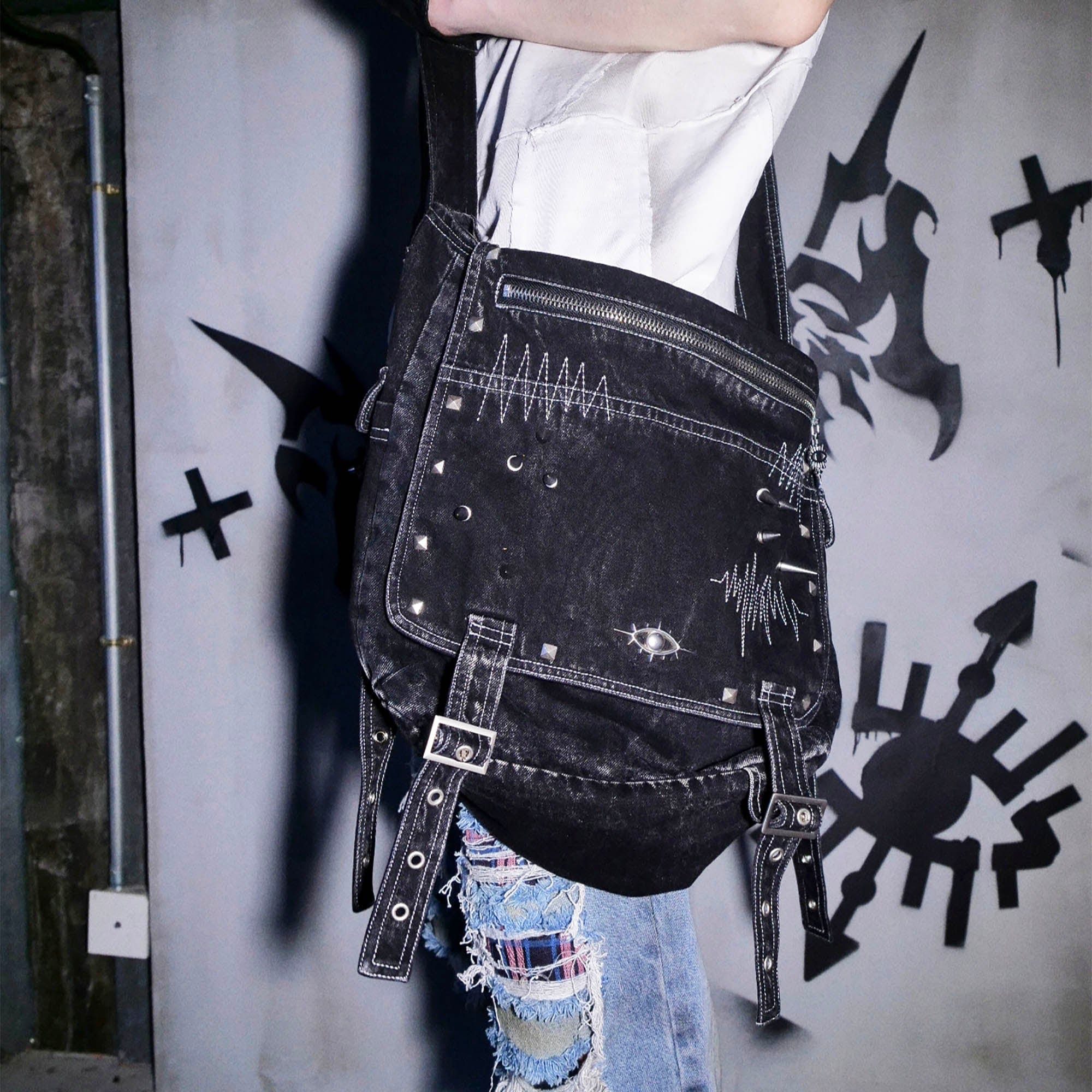 PHANTOMHUNTER Stitches Distressed Strap Denim Shoulder Bag