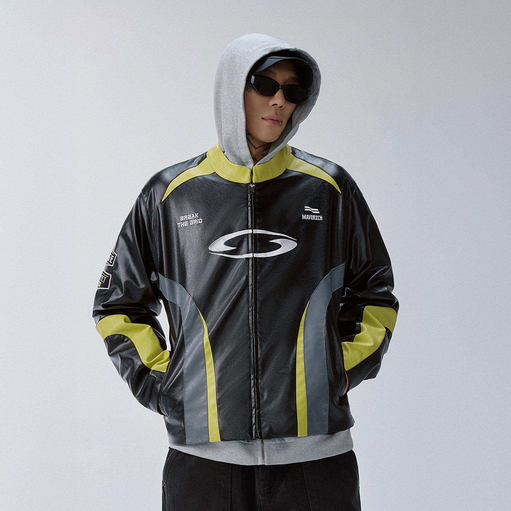 F2CE Contrast Panel Embroidered Moto Jacket