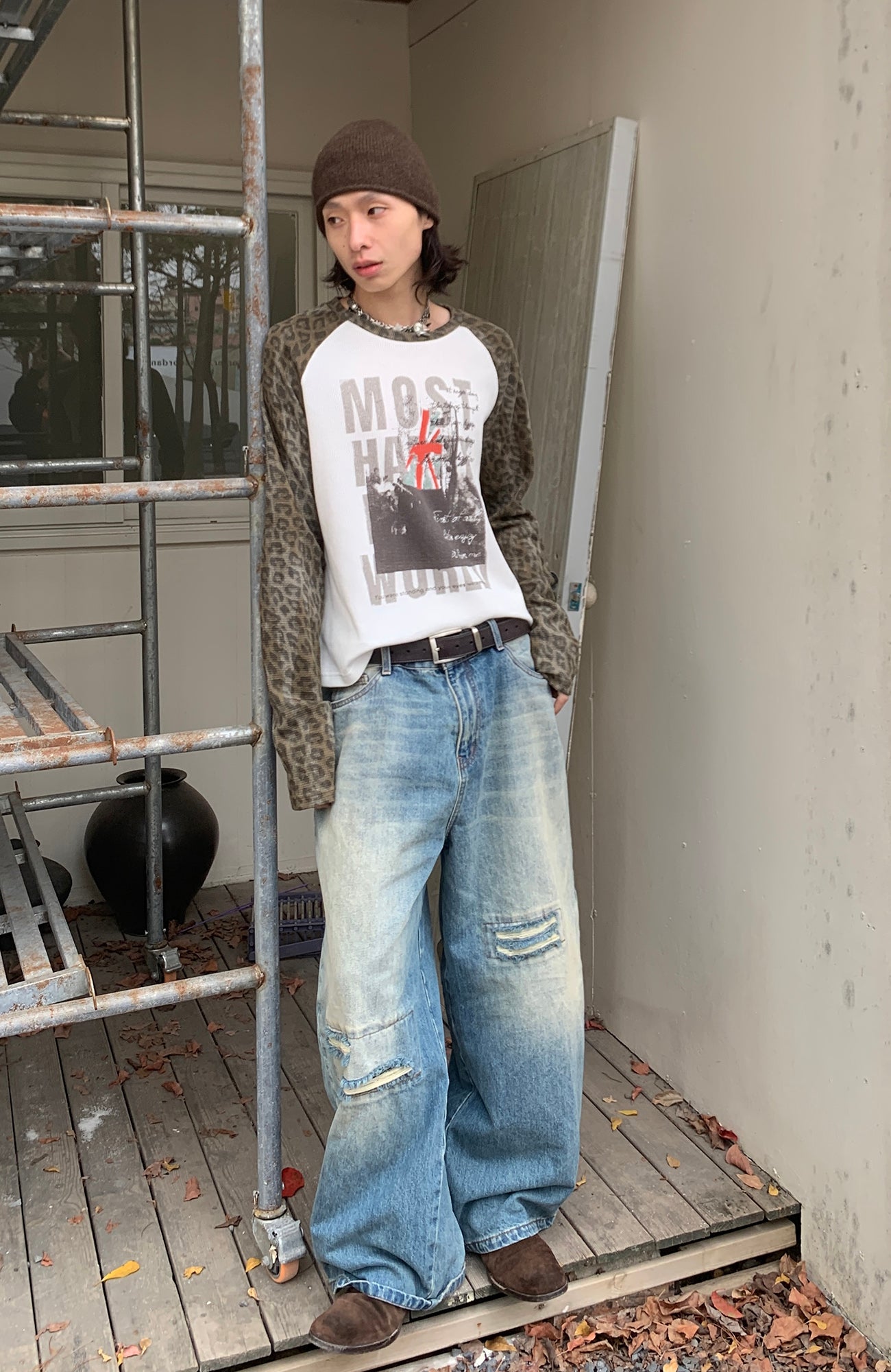 SADSOUP Leopard Raglan Waffle Long-Sleeve Tee