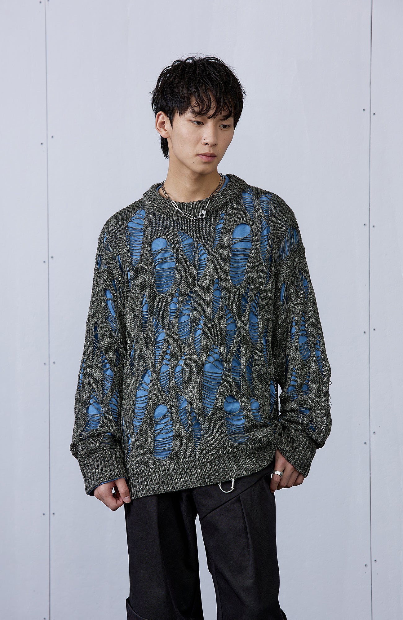 ROARINGWILD A ARCH Distressed Hollowed-Knit Sweater