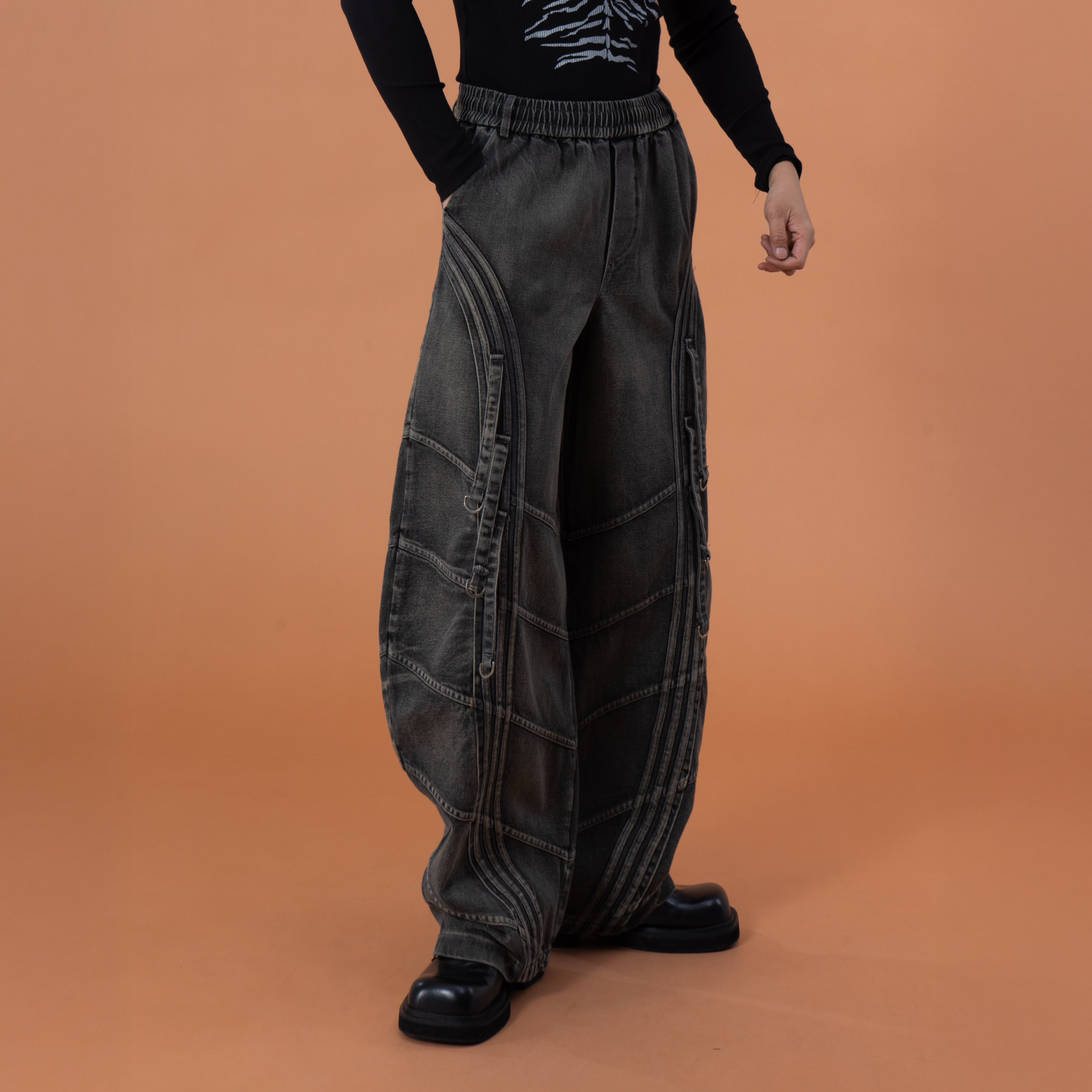 CLP Washed Arc Panel Strap Wide-Leg Jeans