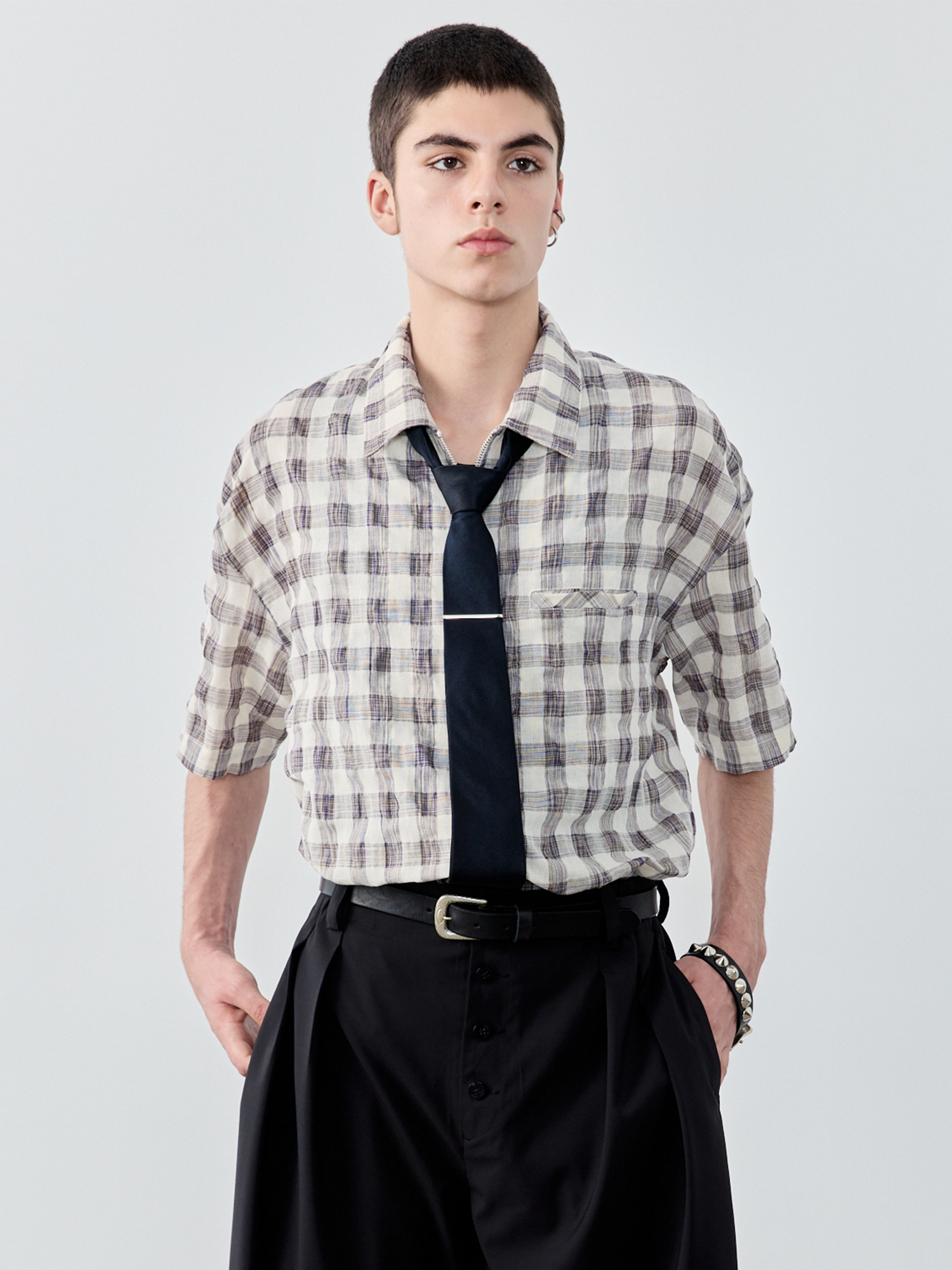 GRAINMUSTARD Retro Plaid Zip Half Shirt, premium urban and streetwear designers apparel on PROJECTISR.com, GRAINMUSTARD