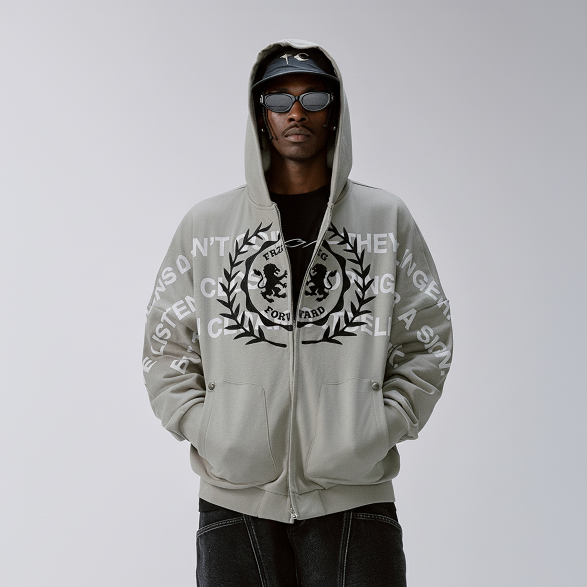 F2CE Embroidery Slogan Graphic Zip-Up Hoodie