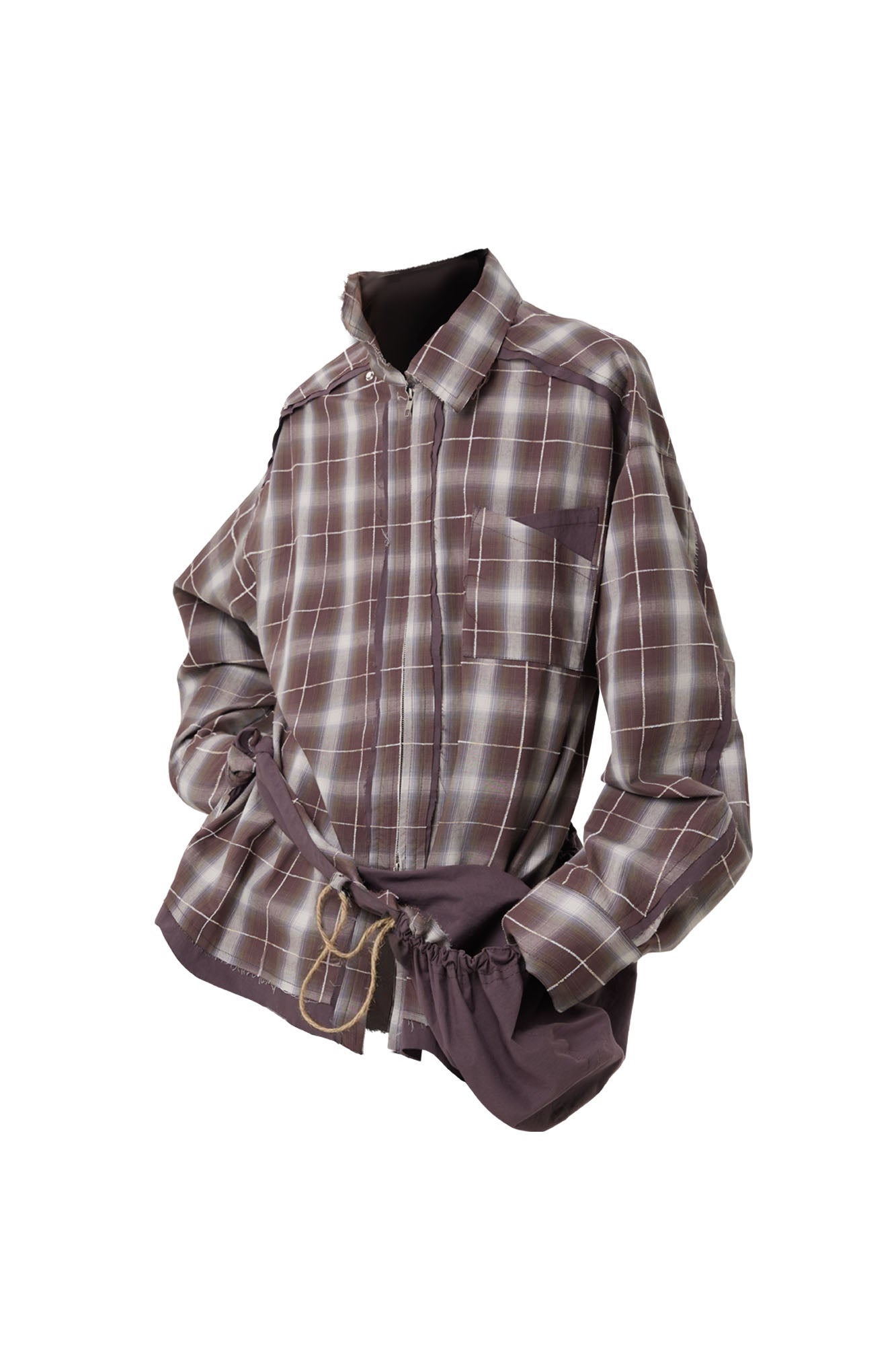 RELABEL Detachable Hood Plaid Frayed Oversized Shirt