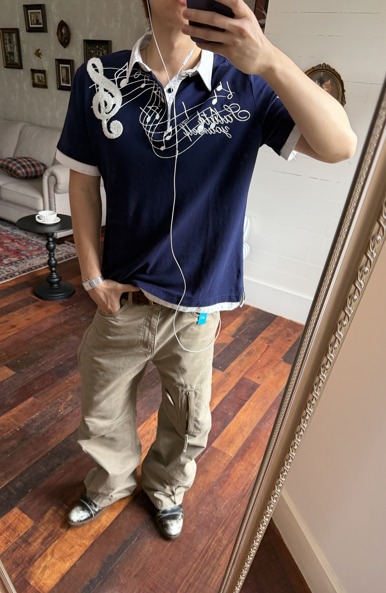 TRECLUB Music Note Embroidered Polo T-Shirt