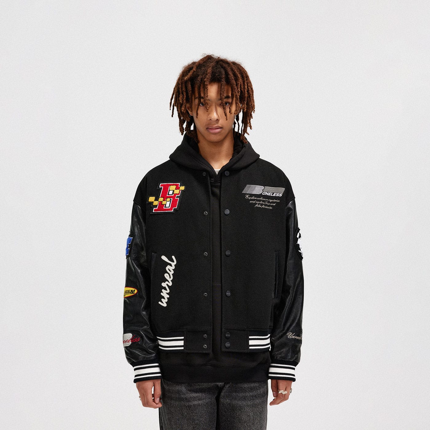 BONELESS Embroidered Racing Faux Leather Varsity Jacket, premium urban and streetwear designers apparel on PROJECTISR.com, BONELESS