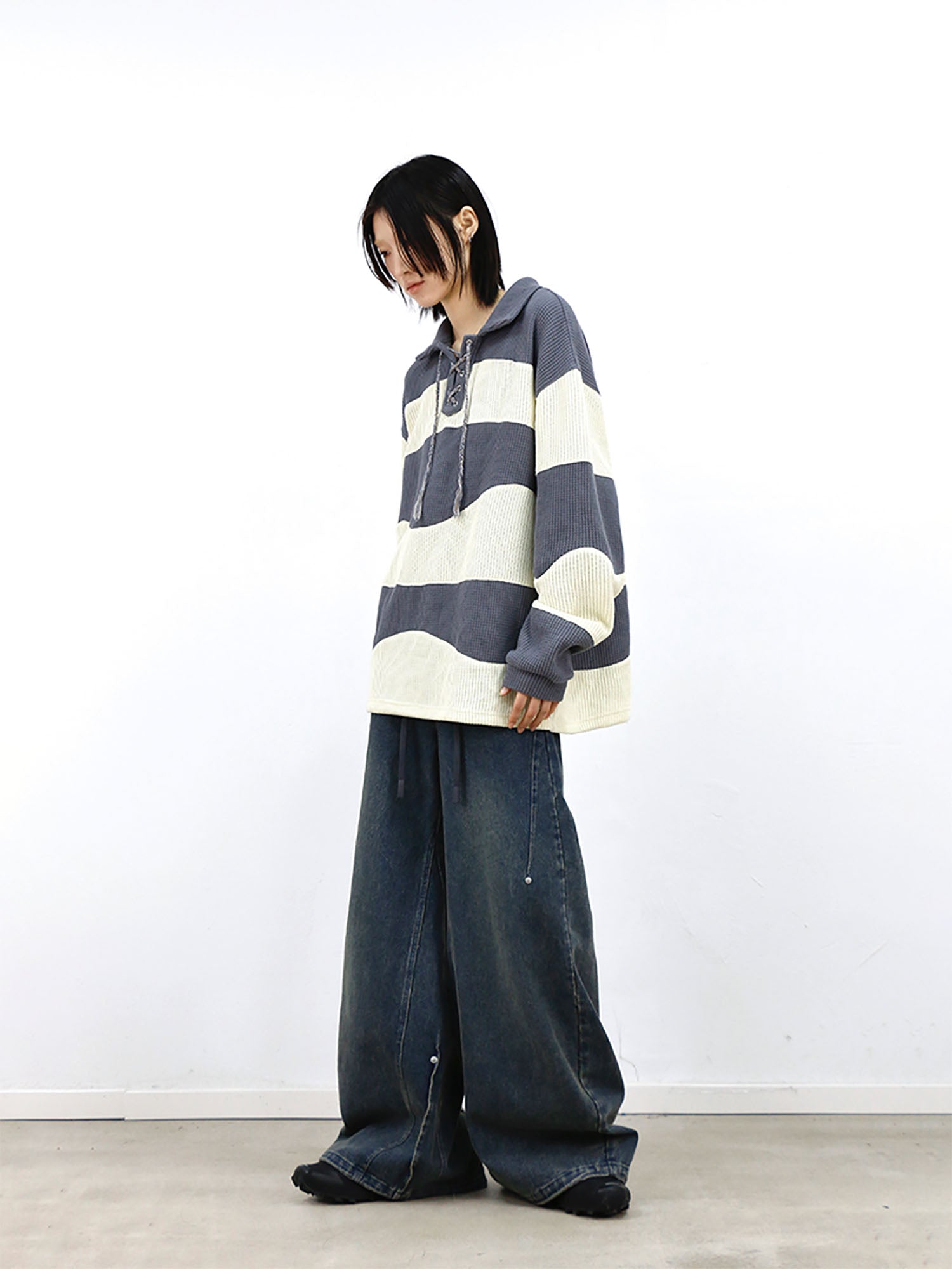 RELABEL Waffle-Knit Stripe Lace-Up Sweatshirt, premium urban and streetwear designers apparel on PROJECTISR.com, RELABEL