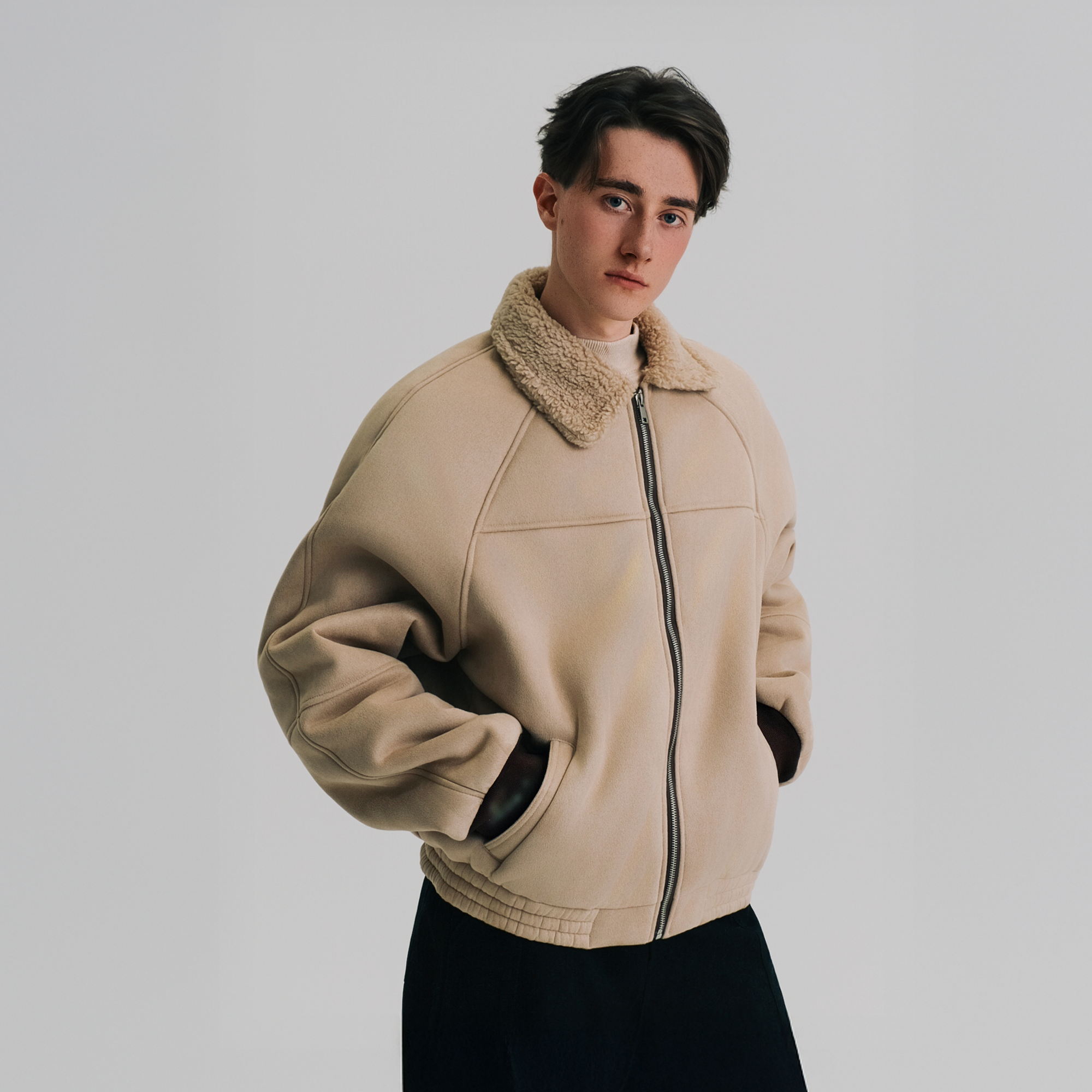 WIID Faux Suede Shearling-Collared Bomber Jacket