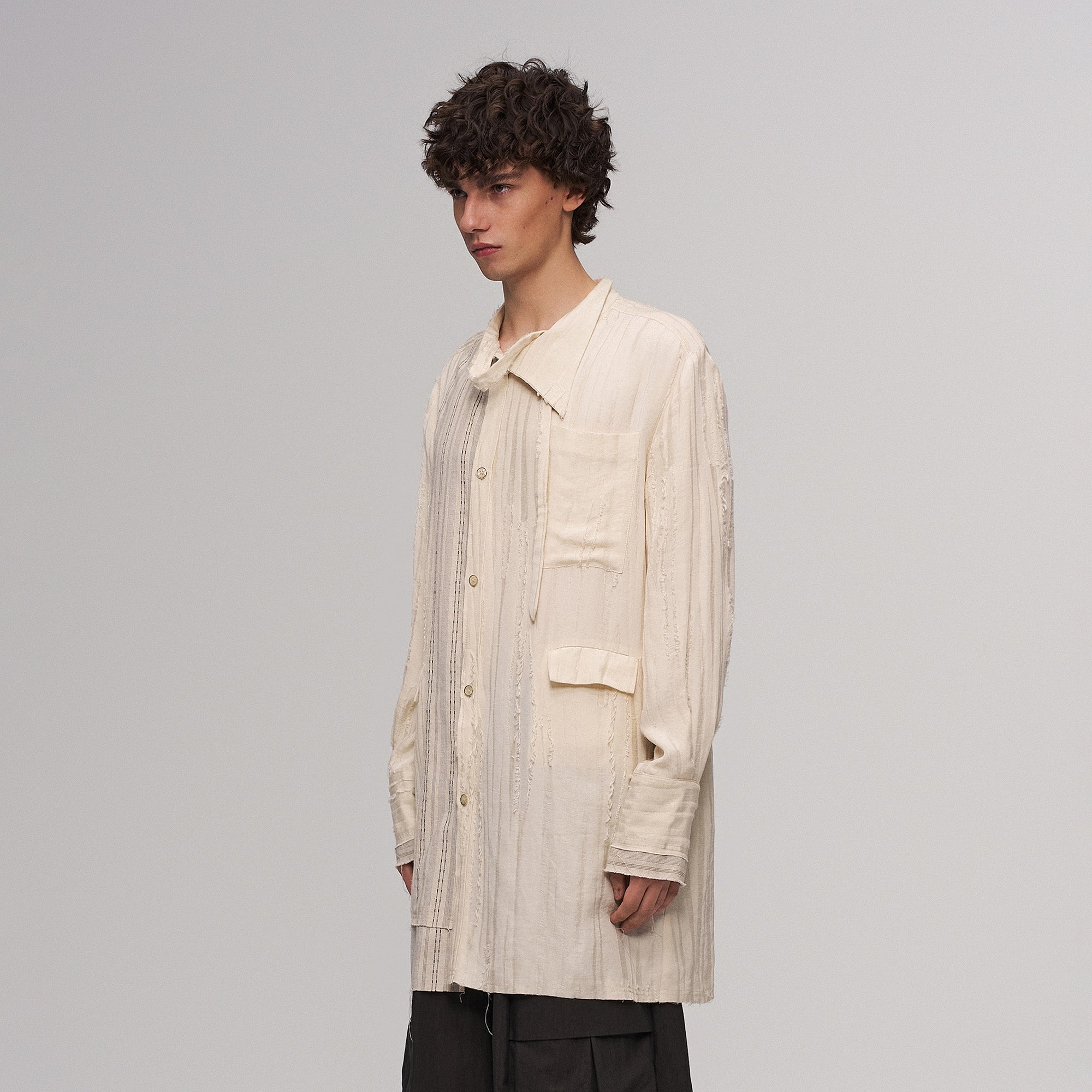 ILNya Nieternite Nifutur Deconstructed Stripe Stich Raw Long Shirt Beige