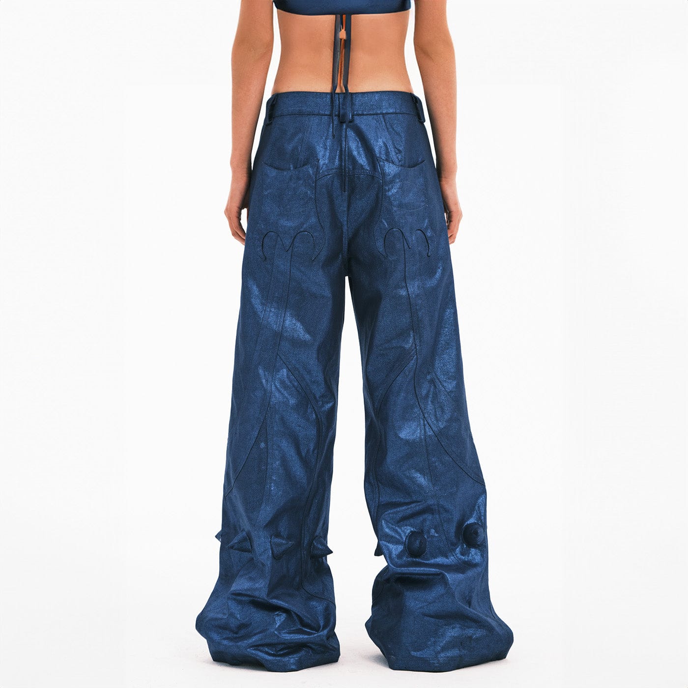 EMBRYO Metallic Devil Horned Wide-Leg Paneled Pants Blue, premium urban and streetwear designers apparel on PROJECTISR.com, EMBRYO