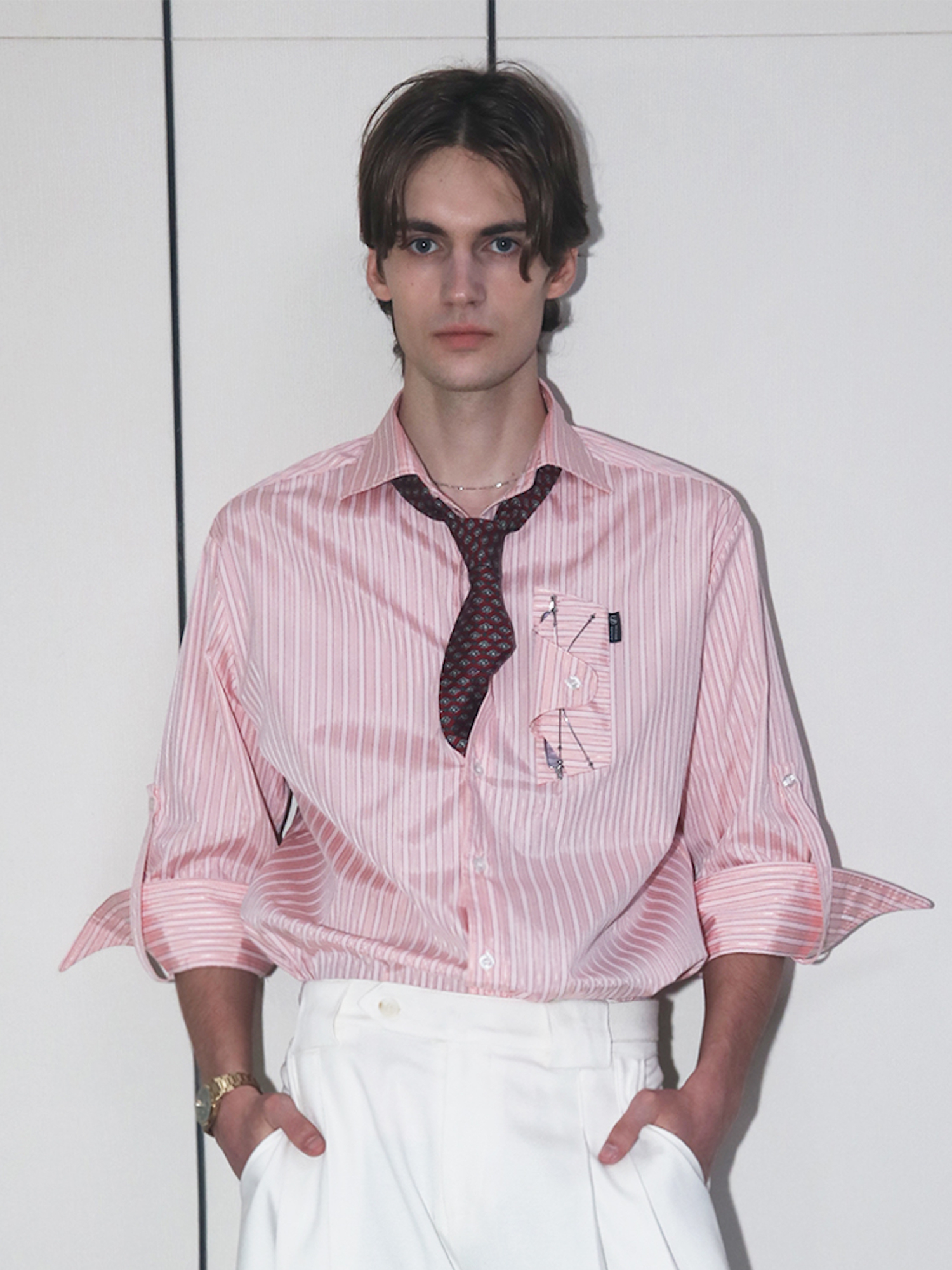 ASSEEN Striped Glasses Pocket Half Shirt Pink