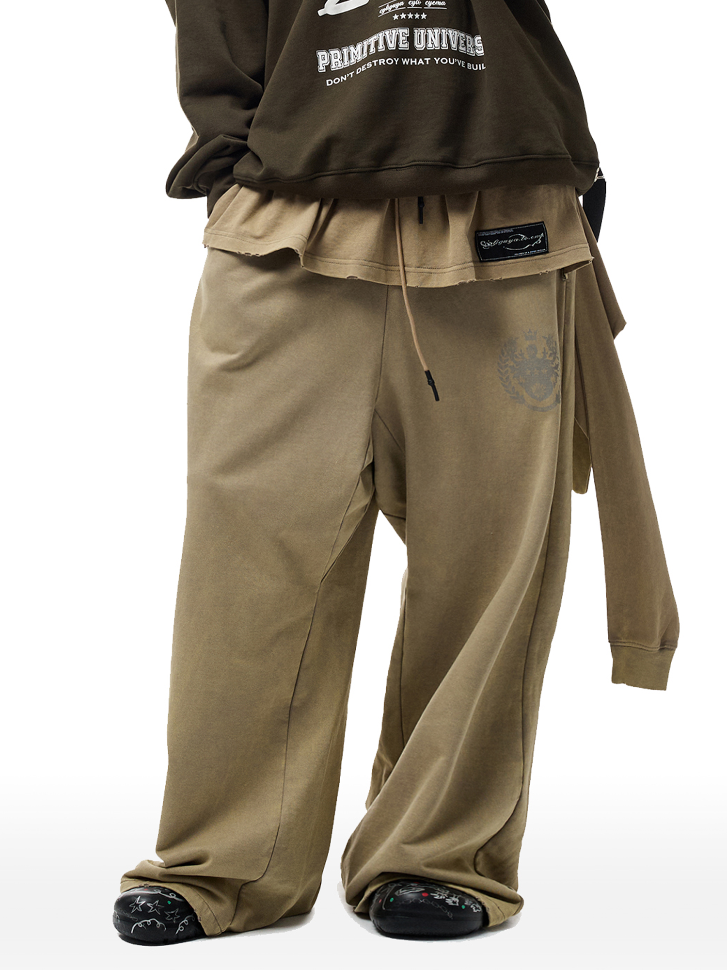 CYCYCY Layered Raw Edge Wide-Leg Sweatpants Khaki