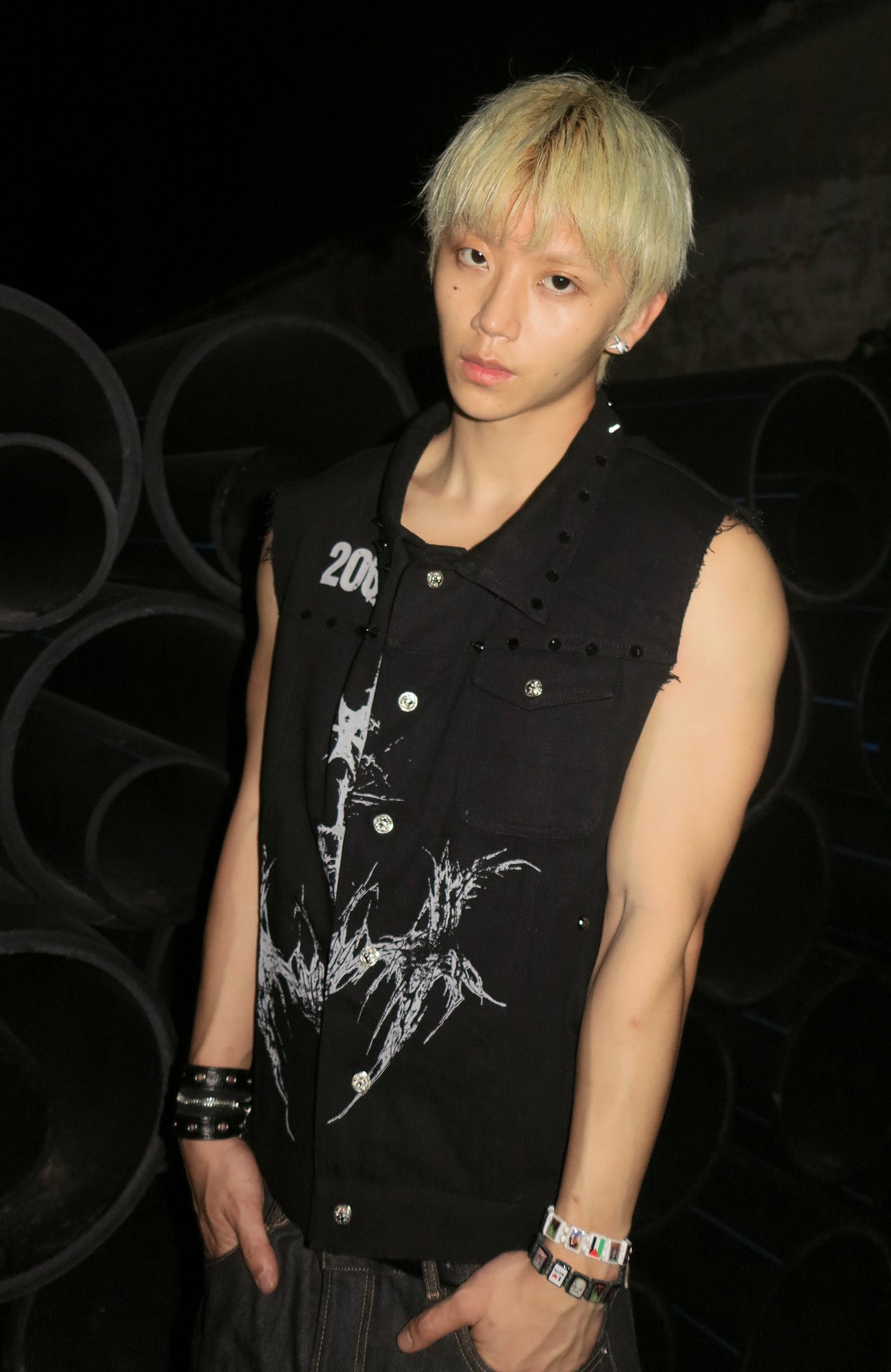 DREAM BAND Distressed Graphic Studded Denim Vest